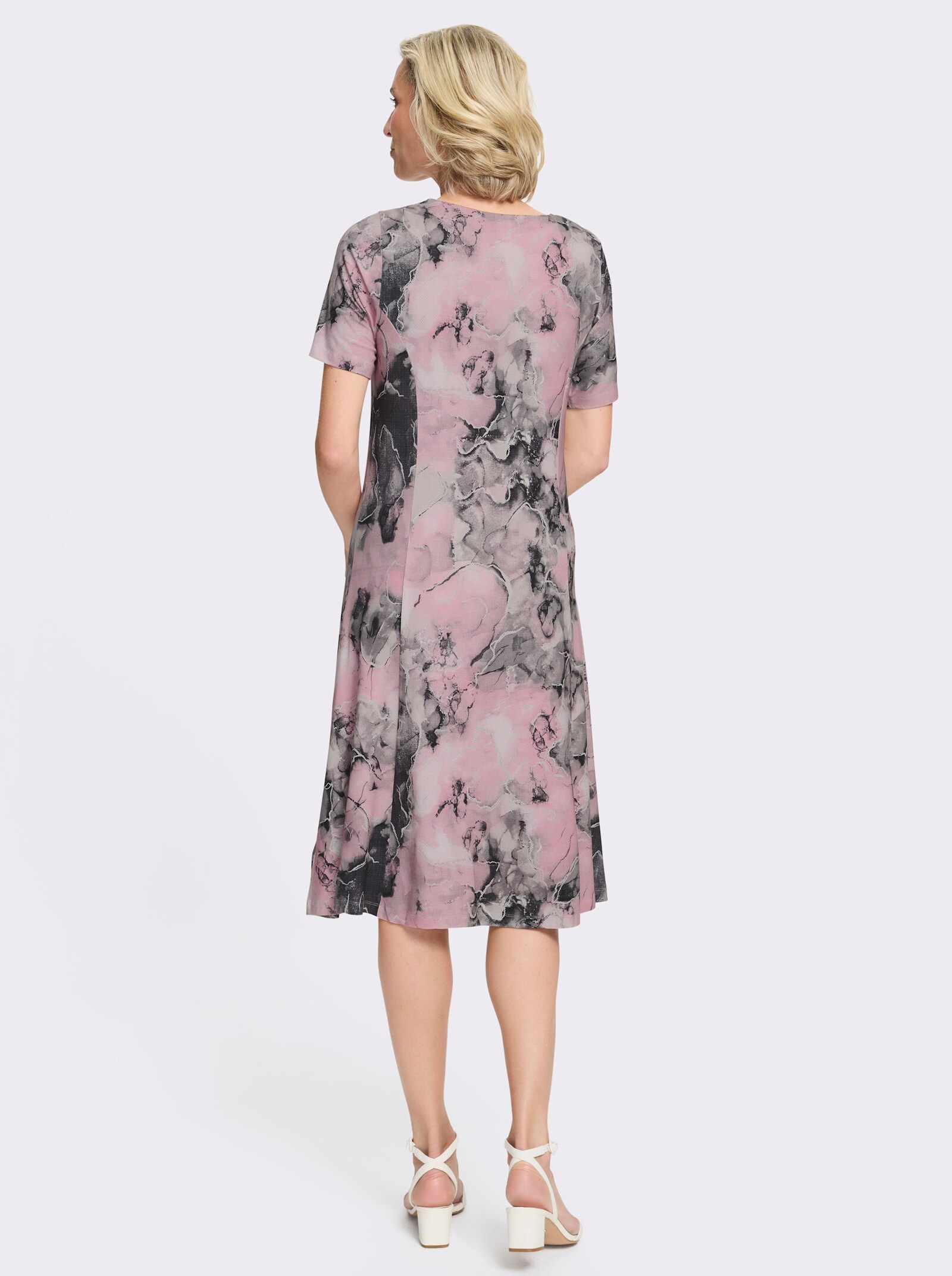 Jerseykleid mit Wiener Nähten - rosé-steingrau-bedruckt