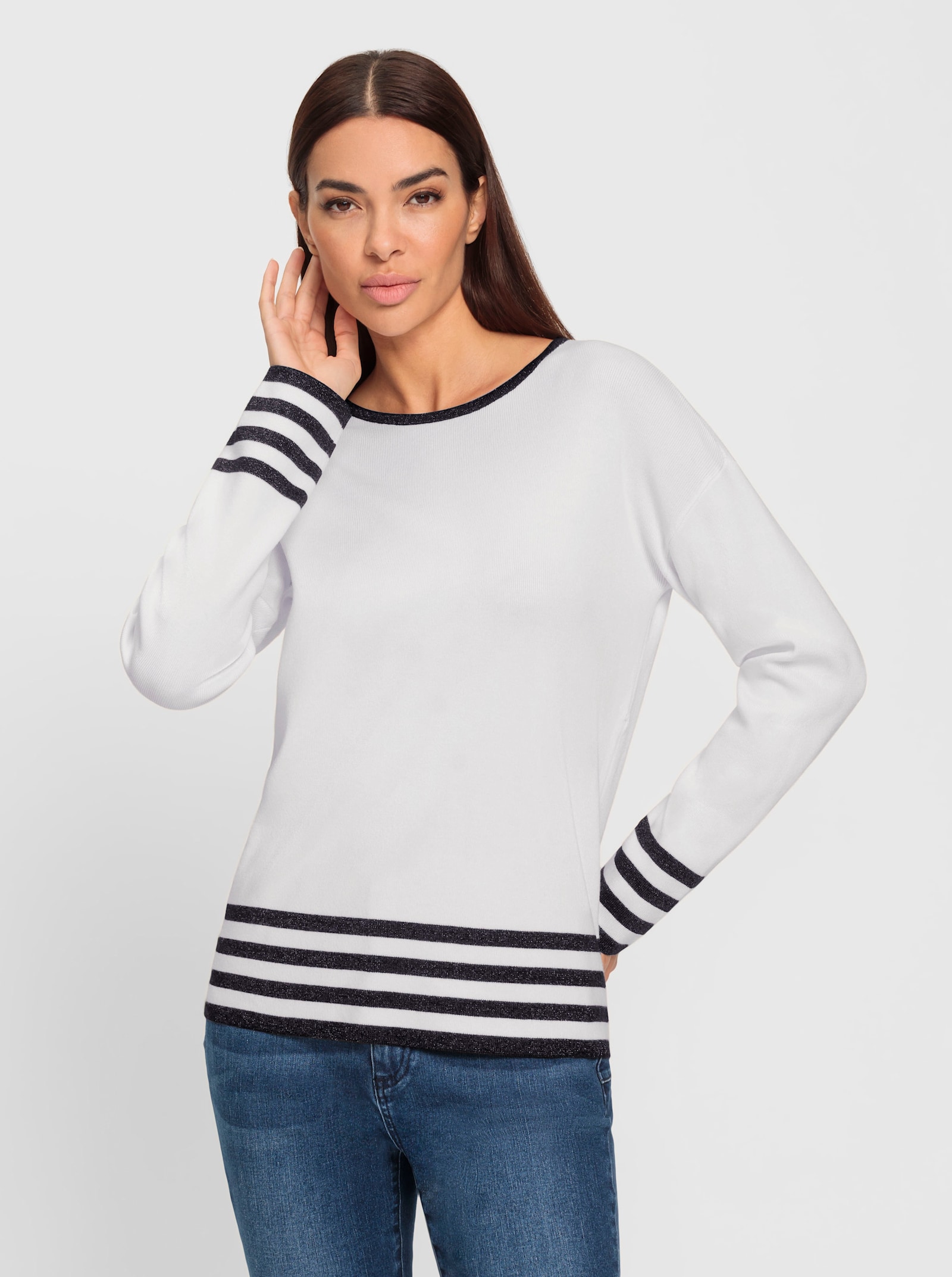 heine Langarm-Pullover mit Kontraststreifen - ecru