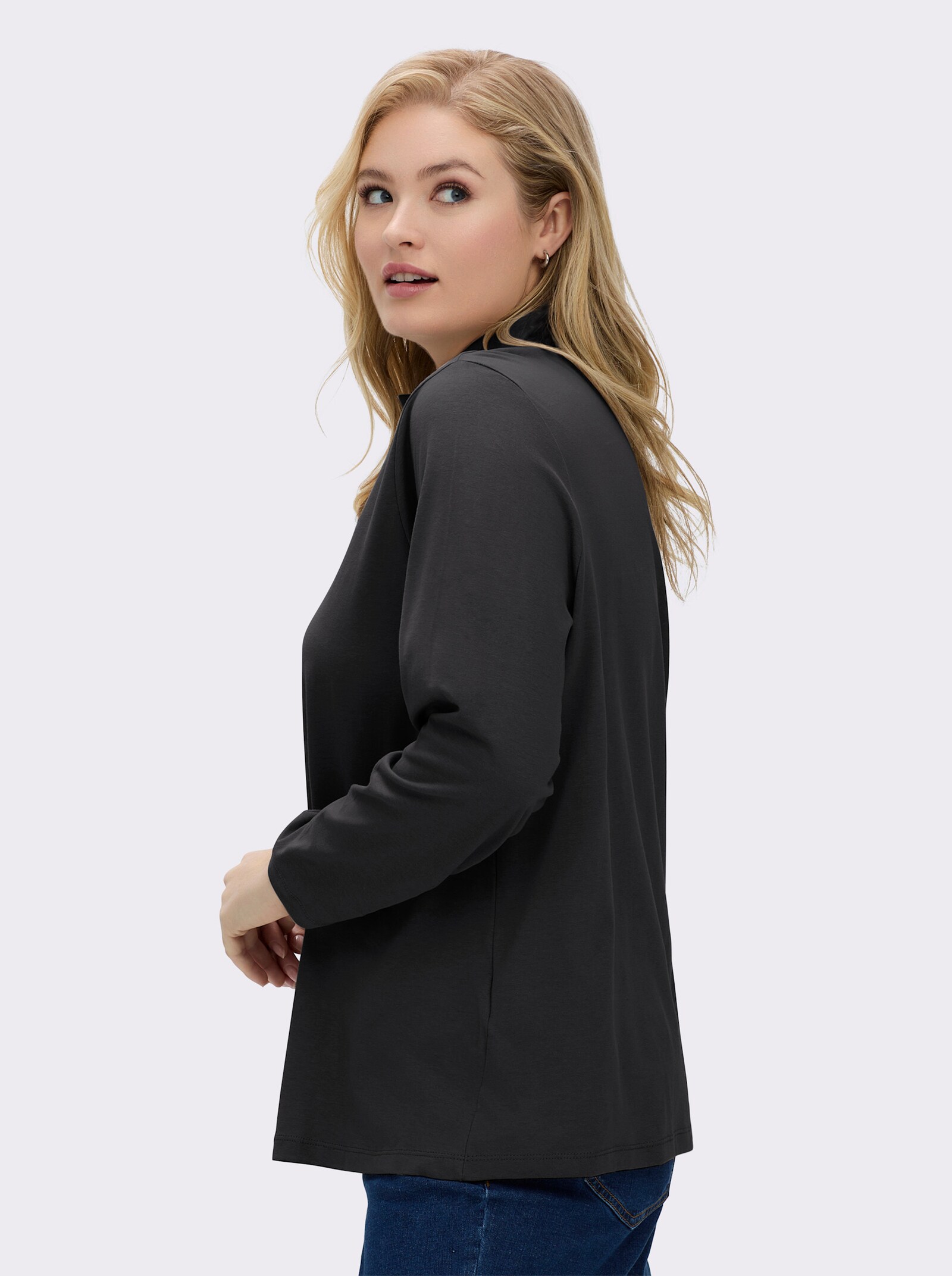 Stehkragenshirt mit Schmuckknöpfen - schwarz