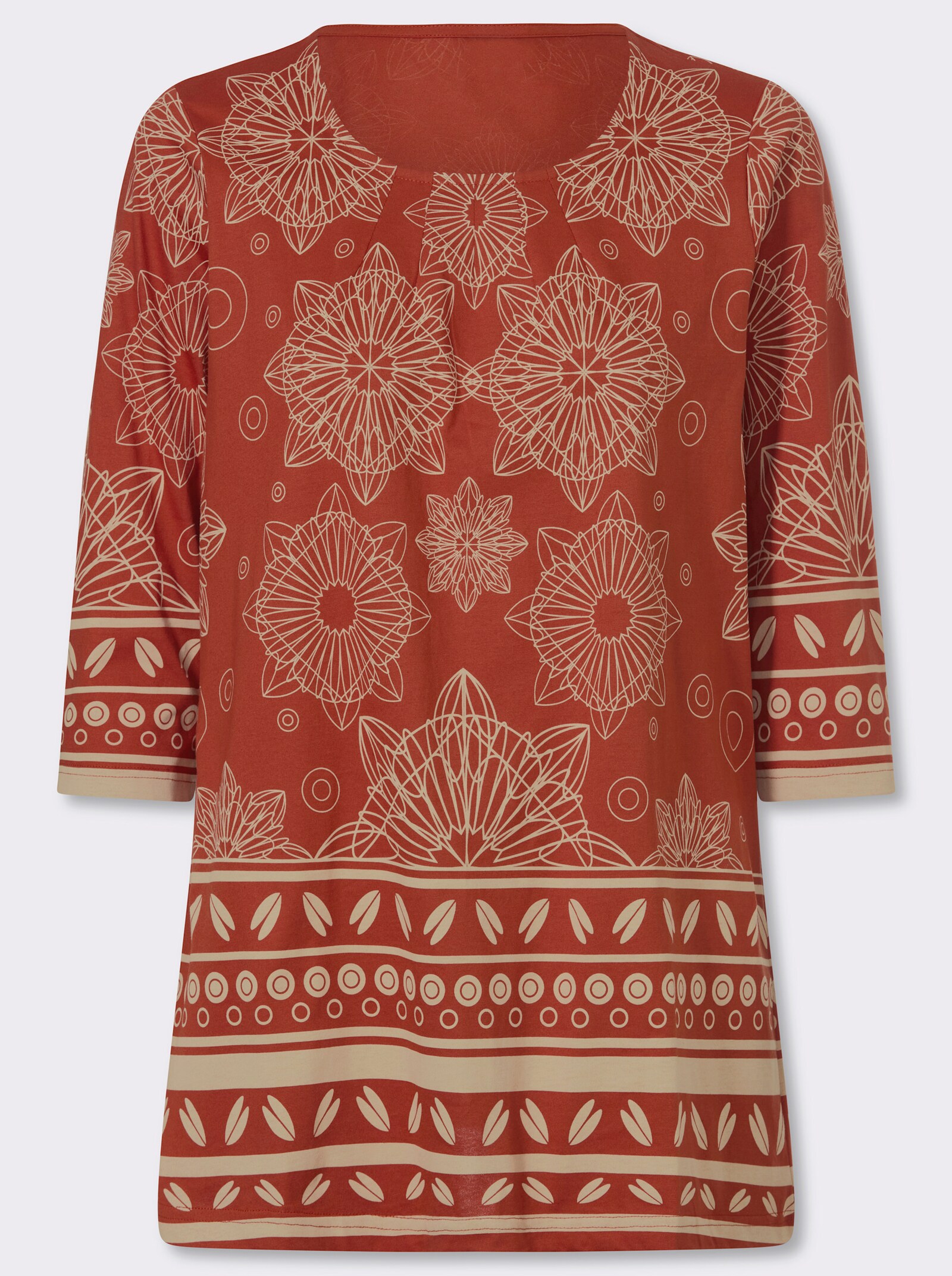 Longshirt mit Bordüren-Druck - rostrot-beige-bedruckt