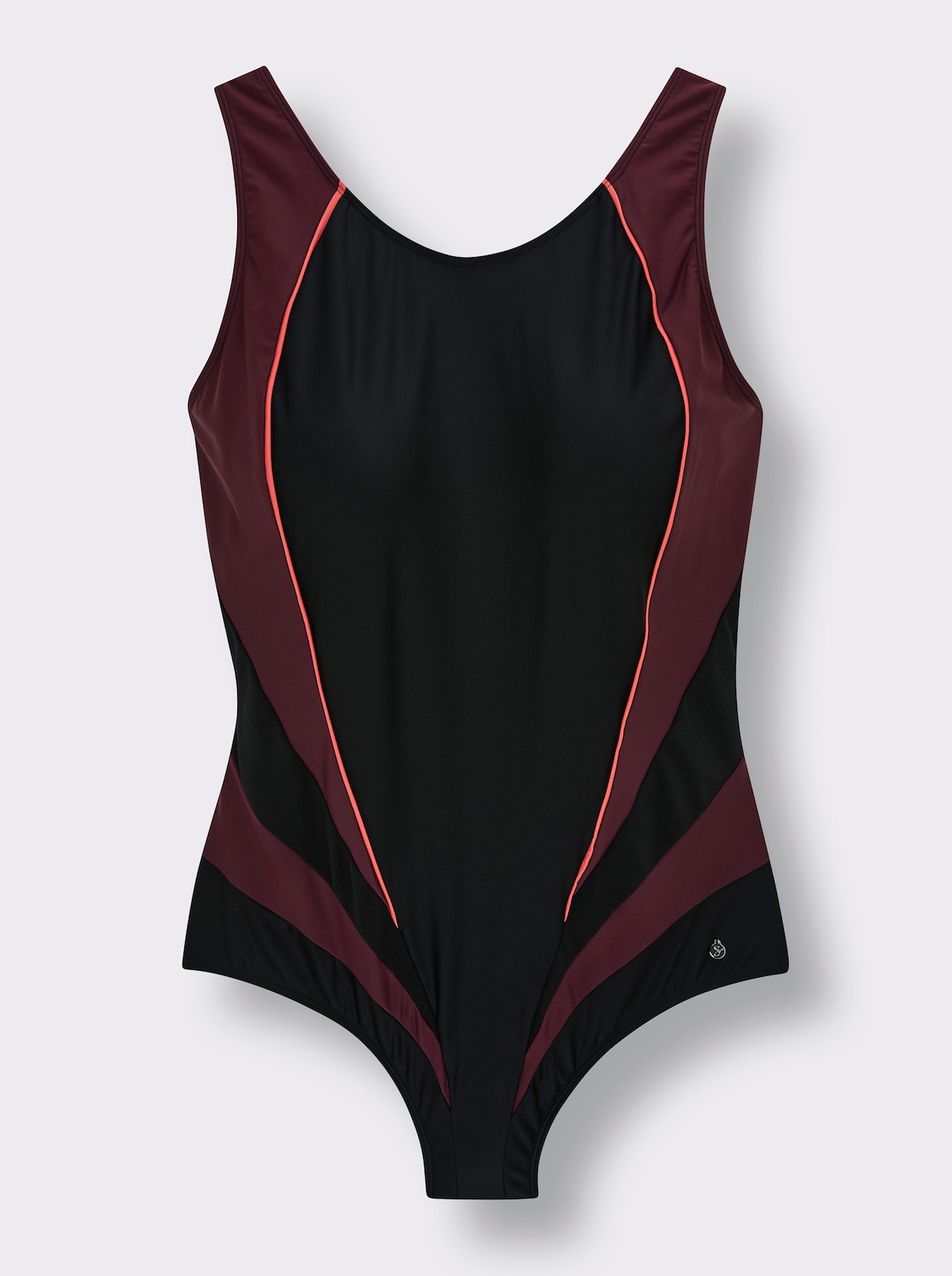 sheego Badeanzug mit Kontrast-Partien und Shaping-Effekt - schwarz-burgund