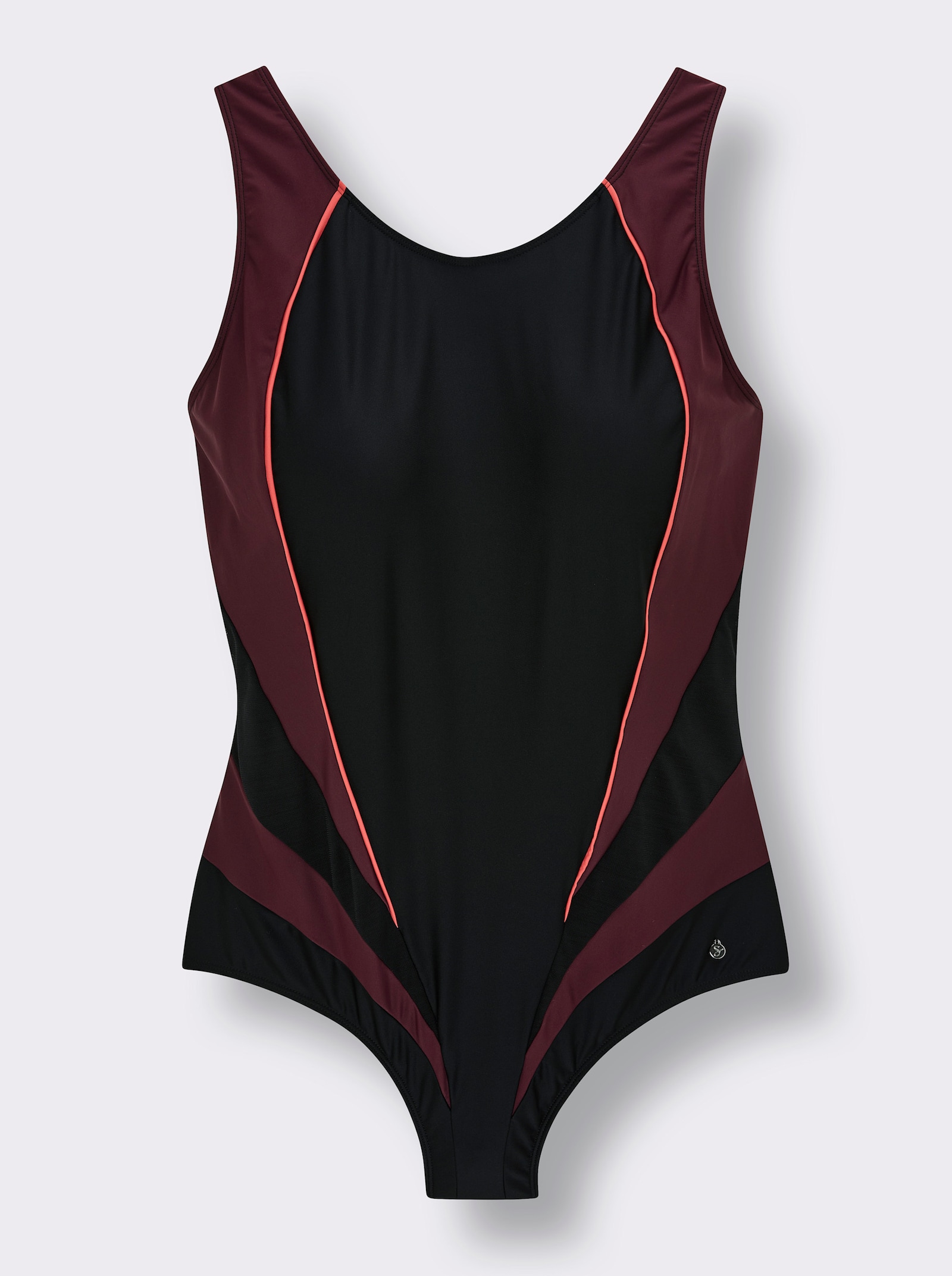 sheego Badeanzug mit Kontrast-Partien und Shaping-Effekt - schwarz-burgund