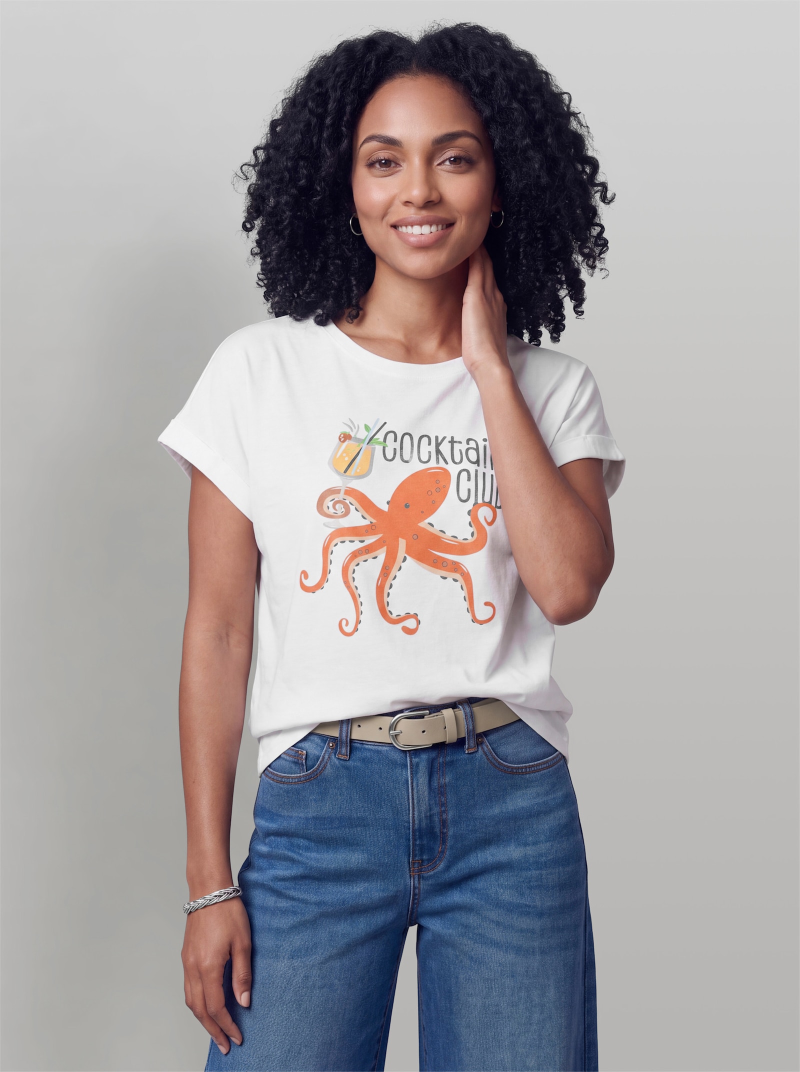 heine Kurzarmshirt mit Kraken-Motiv - weiß-orange-bedruckt