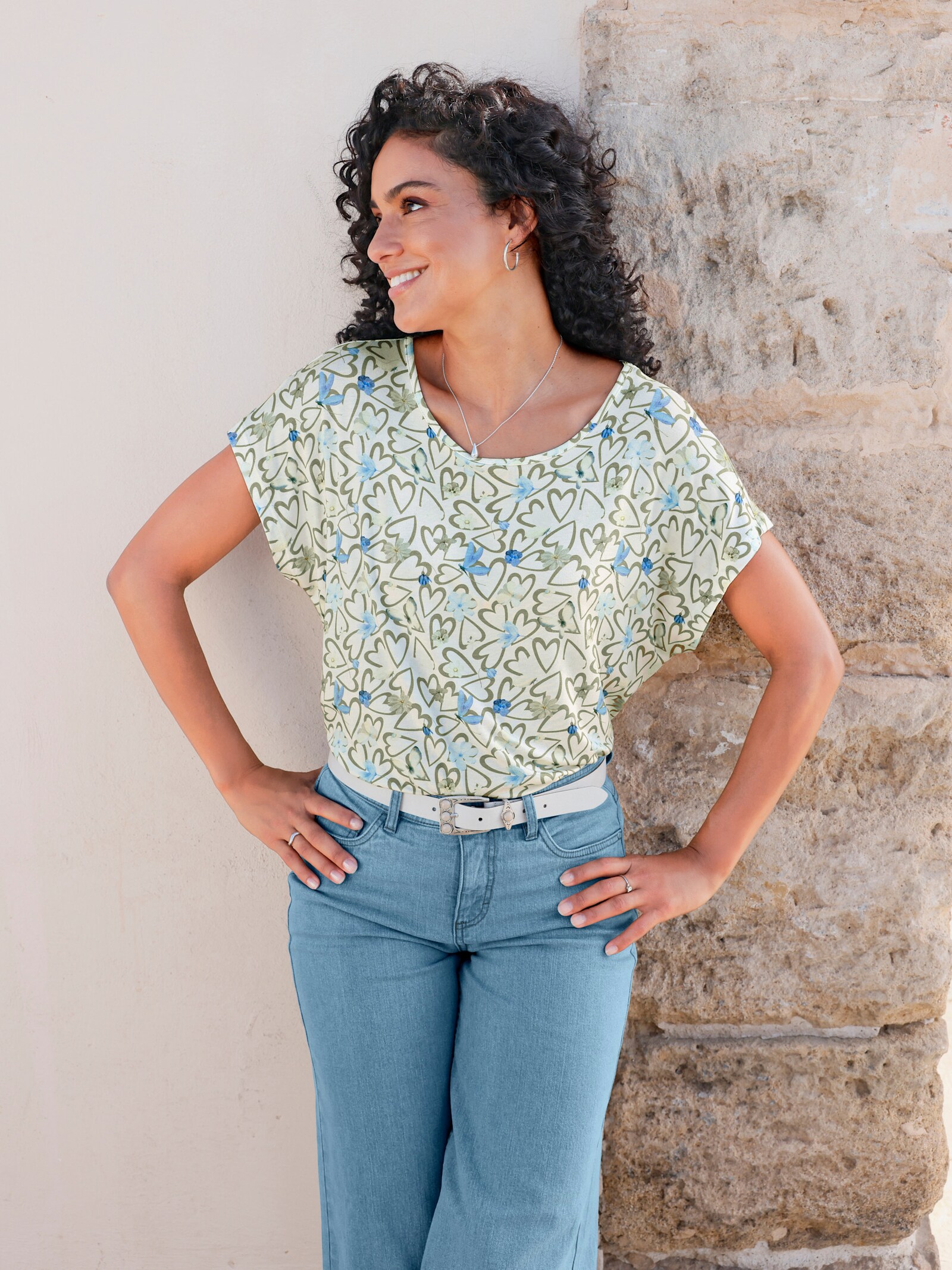 Print-Shirt im Allover-Dessin - ecru-schilf-bedruckt
