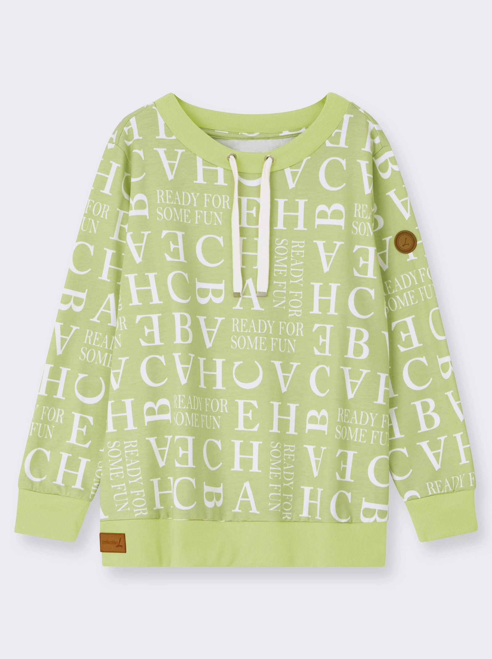 Sweatshirt mit Kordeldurchzug am Ausschnitt - pistazie-ecru-bedruckt