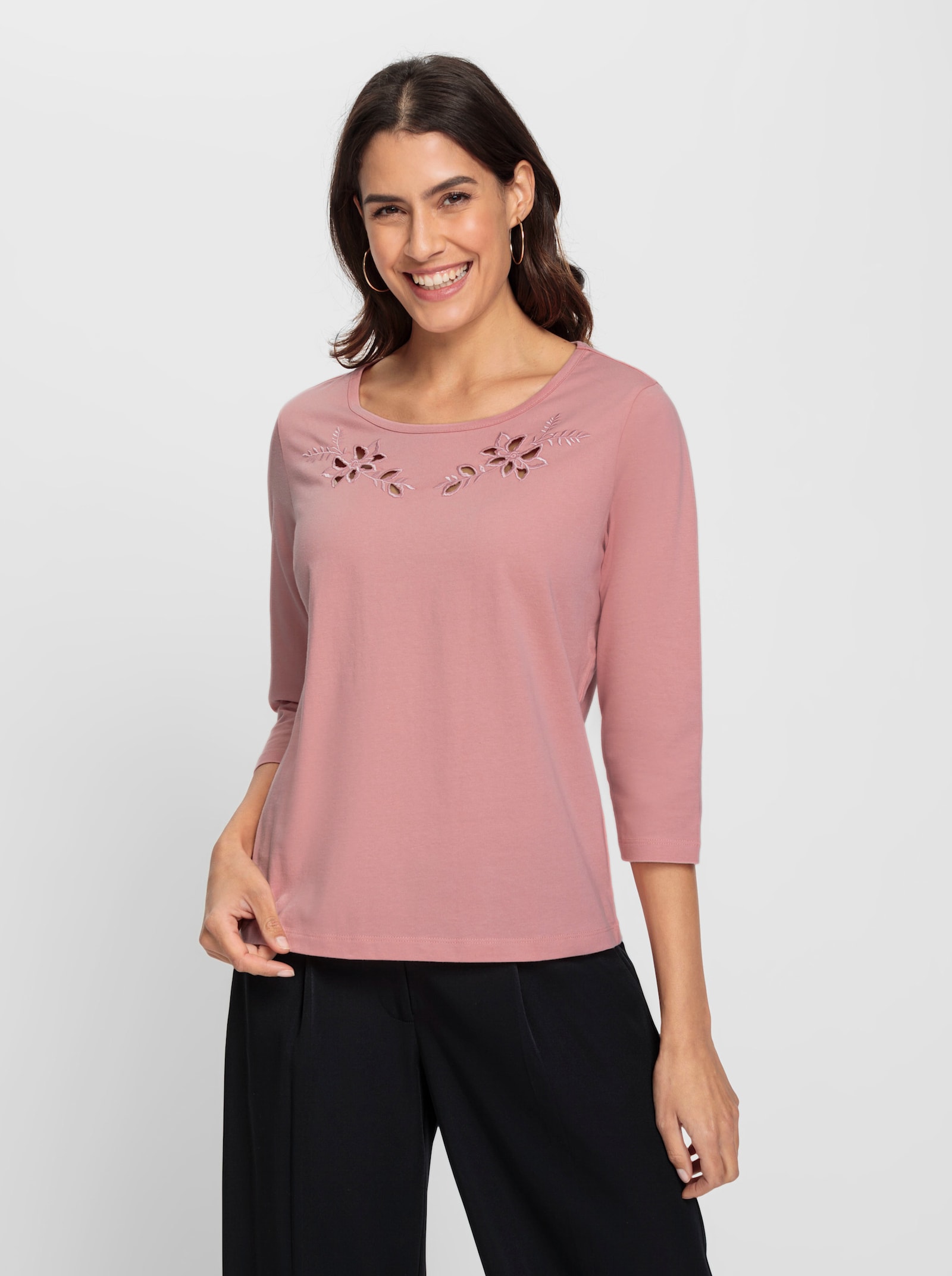 Shirt met 3/4-mouwen en bloemenborduursel - rozenkwarts