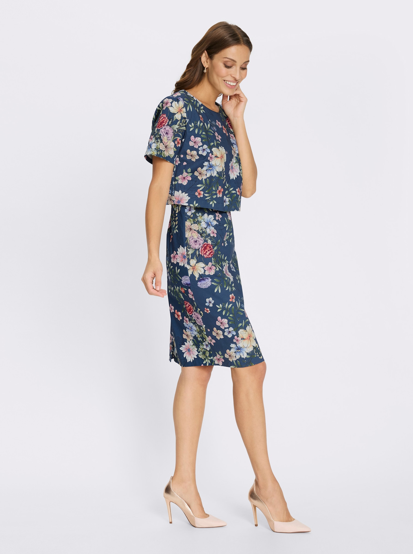 Druckkleid in Web-Qualität - dunkelblau-orchidee-bedruckt