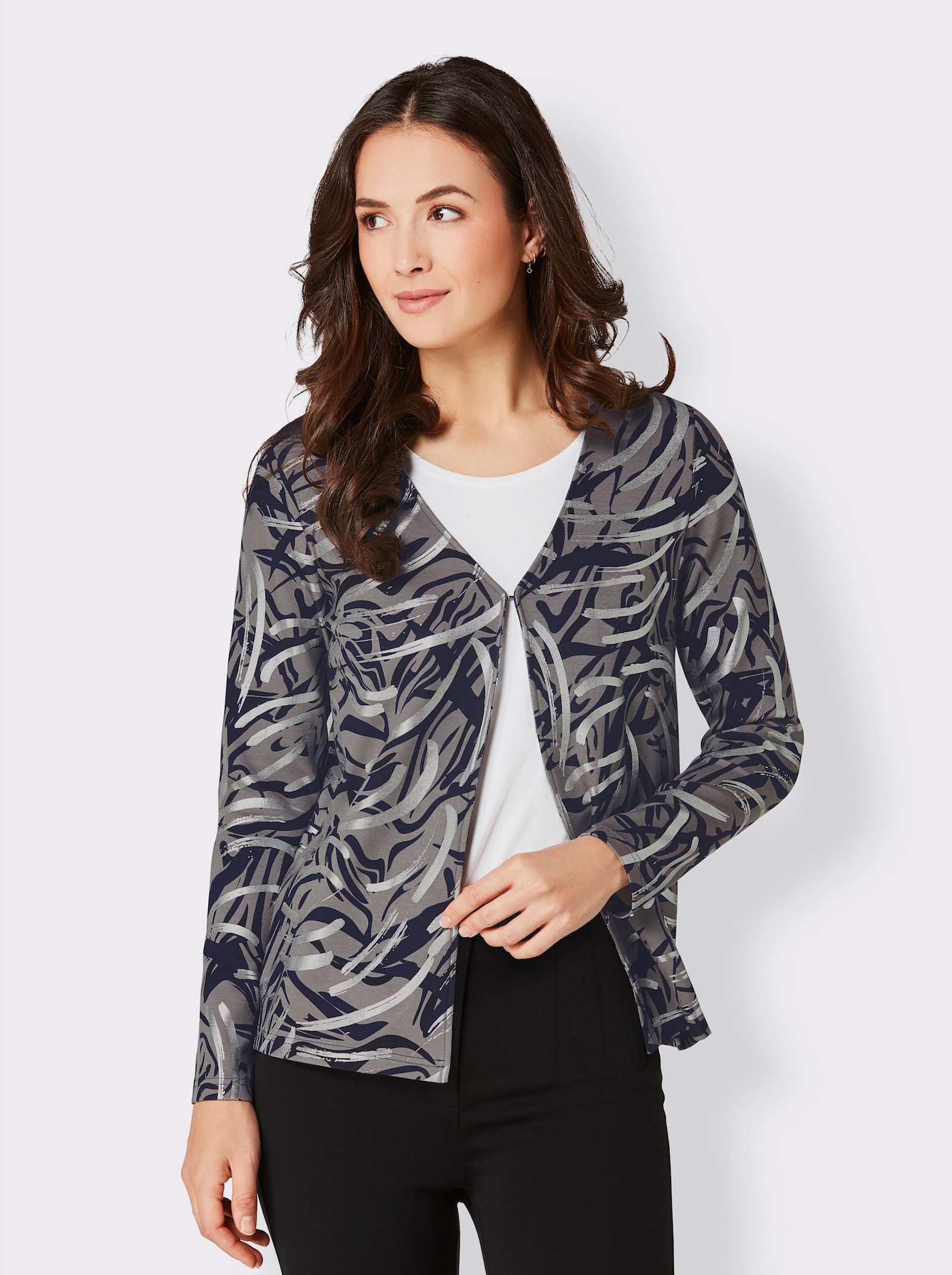 CREATION L PREMIUM Shirtjacke mit silberfarbenen Akzenten - grau-marine-bedruckt