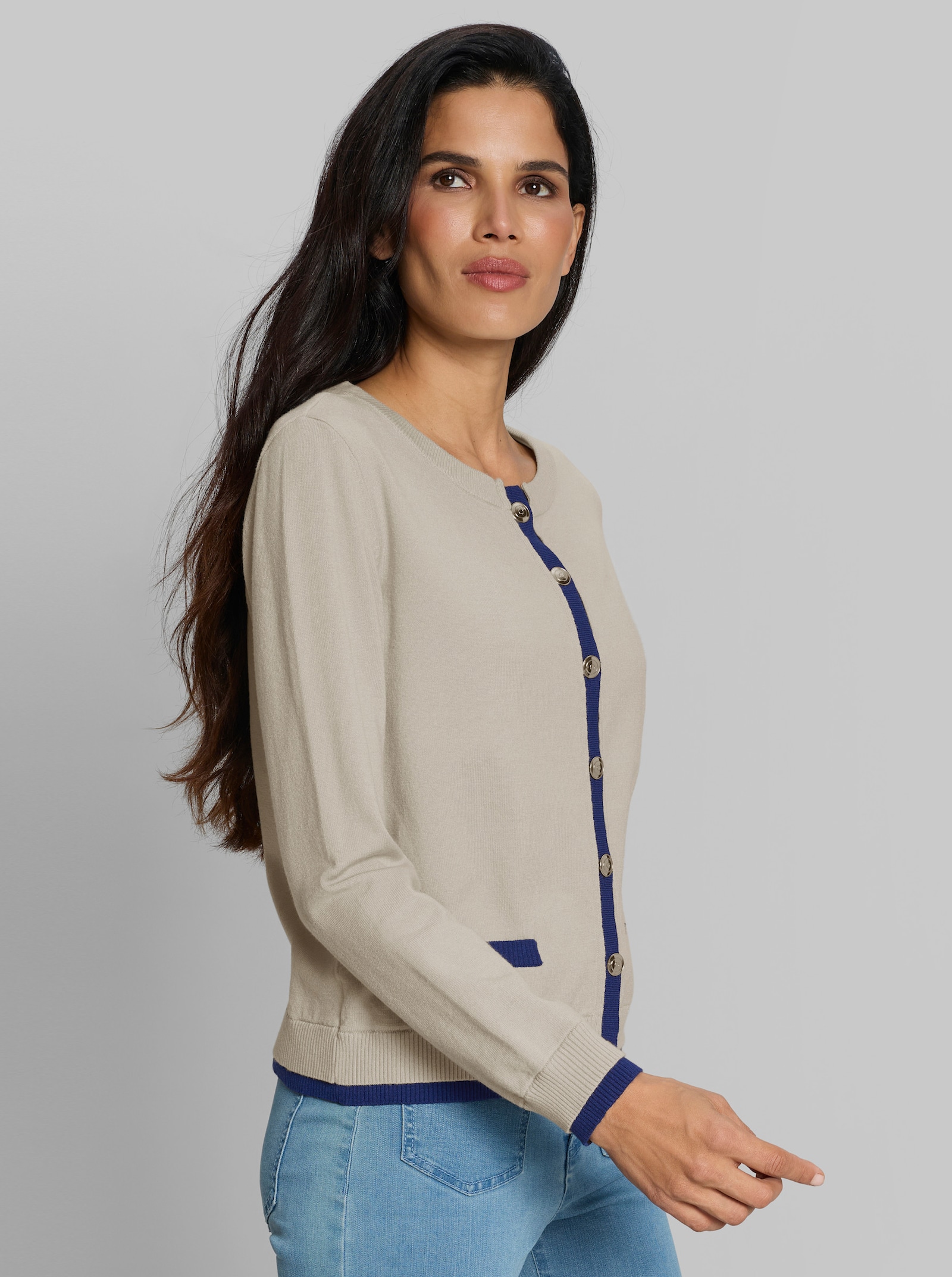 heine Strickjacke mit goldfarbenen Knöpfen - hellgrau-royalblau