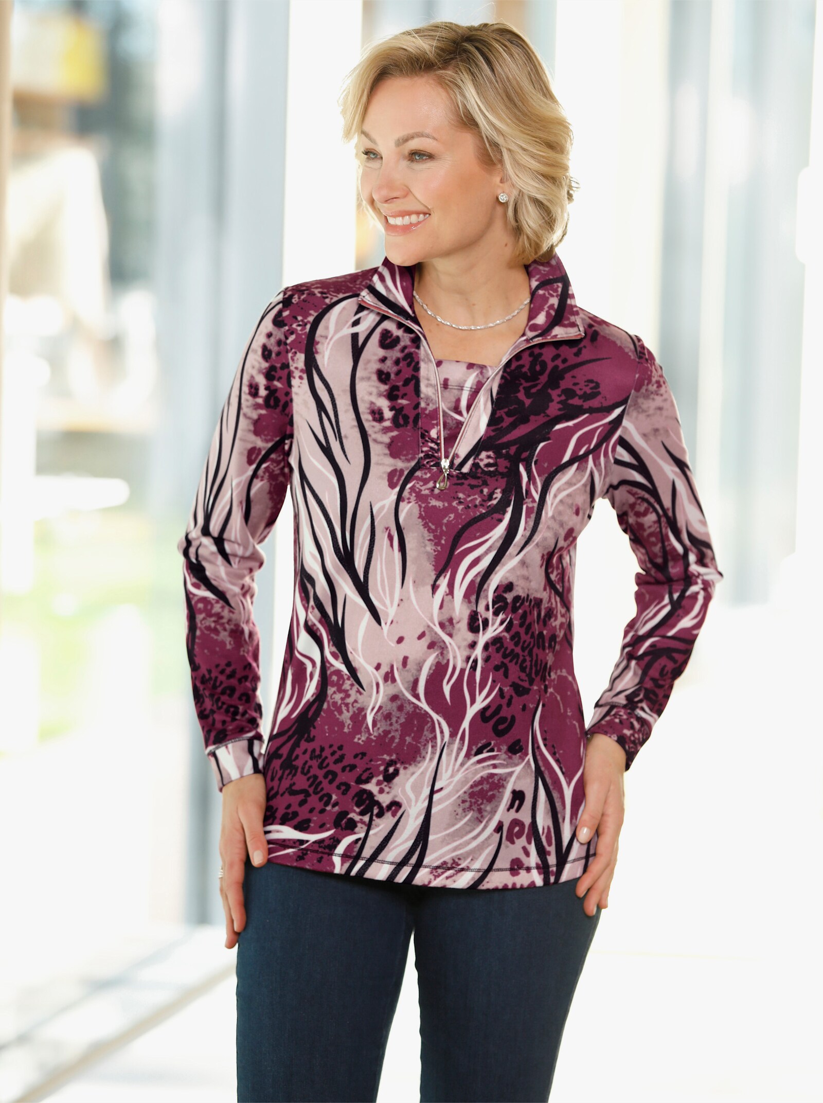 Langarmshirt in Winter-Qualität - malve-beige-bedruckt