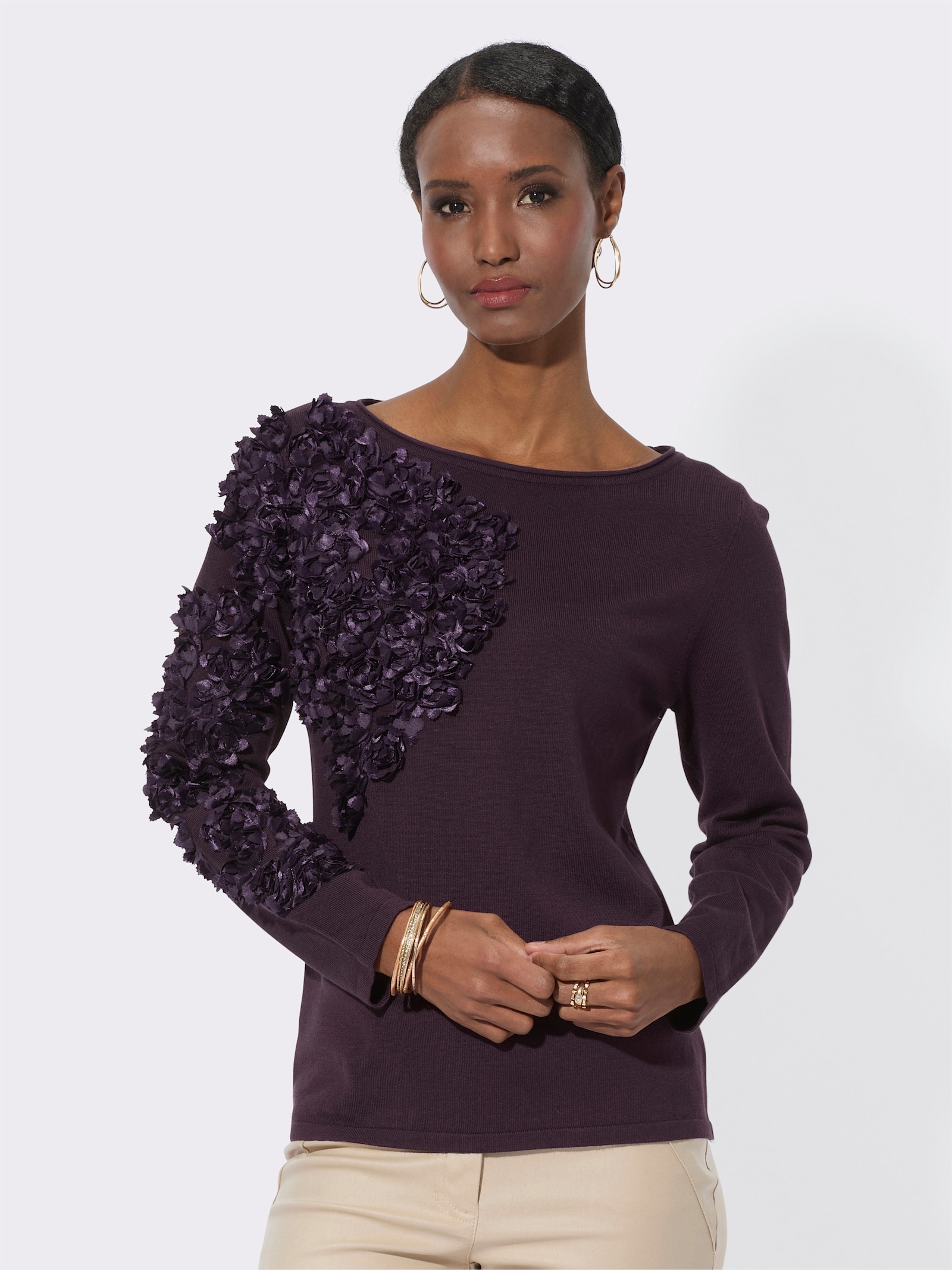 Langarm-Pullover im wertigen Mix aus Viskose und Lyocell - aubergine