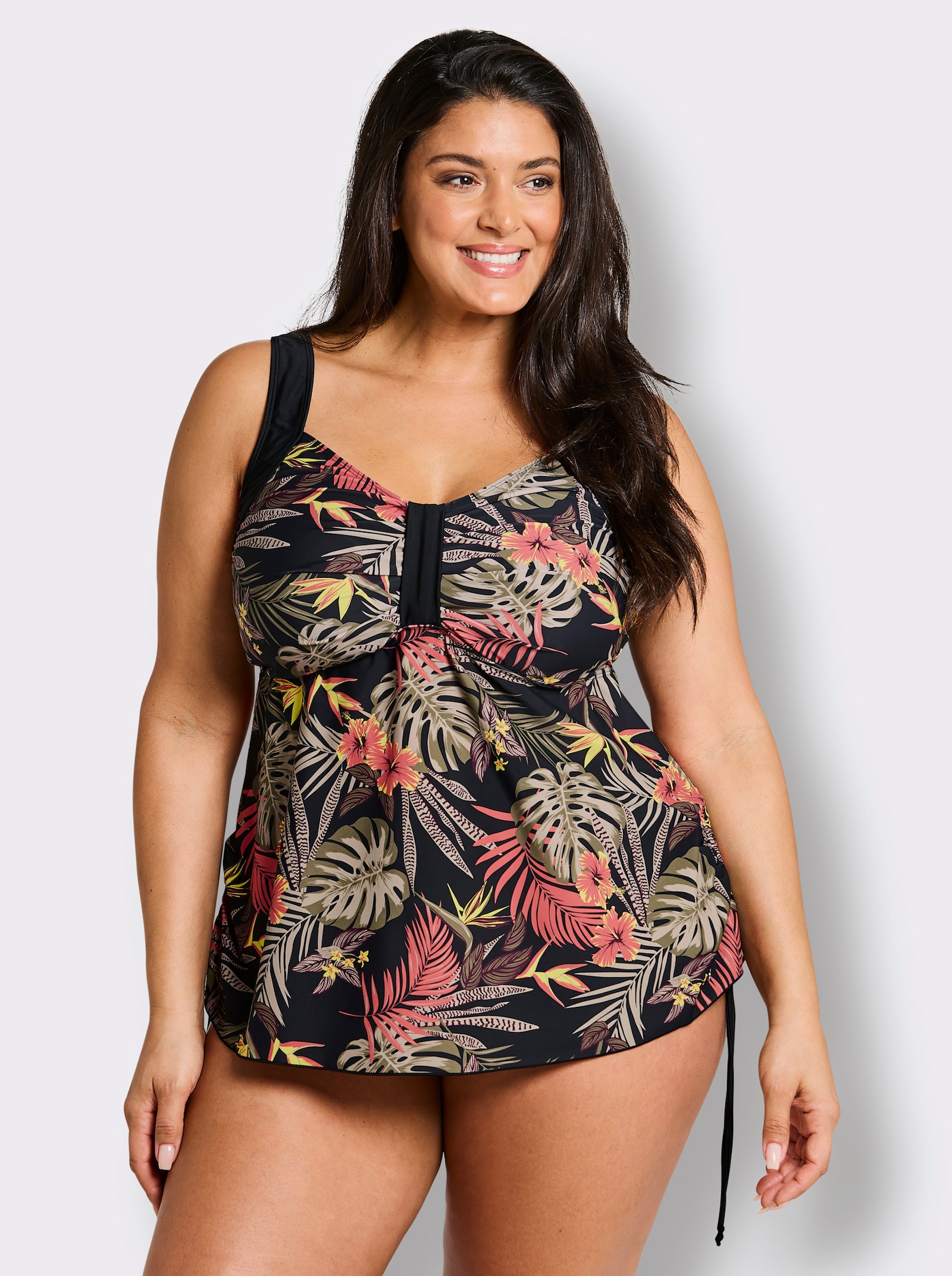 sheego Tankini-Oberteil mit tropischem Aufdruck - schwarz-burgund-bedruckt