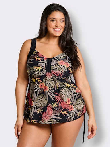 sheego Tankini-Oberteil mit tropischem Aufdruck - schwarz-burgund-bedruckt
