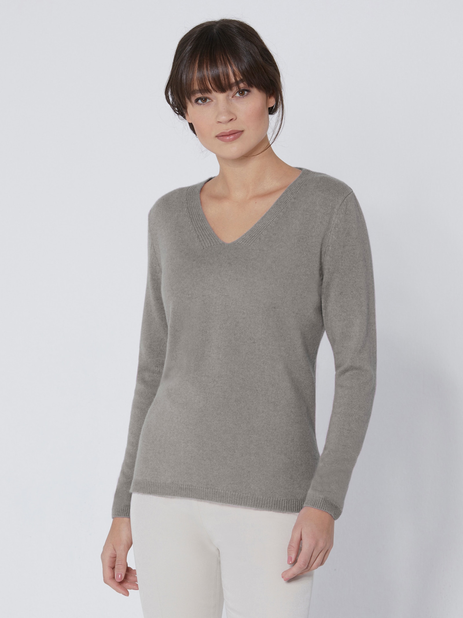 CREATION L PREMIUM Kaschmirpullover mit V-Ausschnitt - grau-meliert