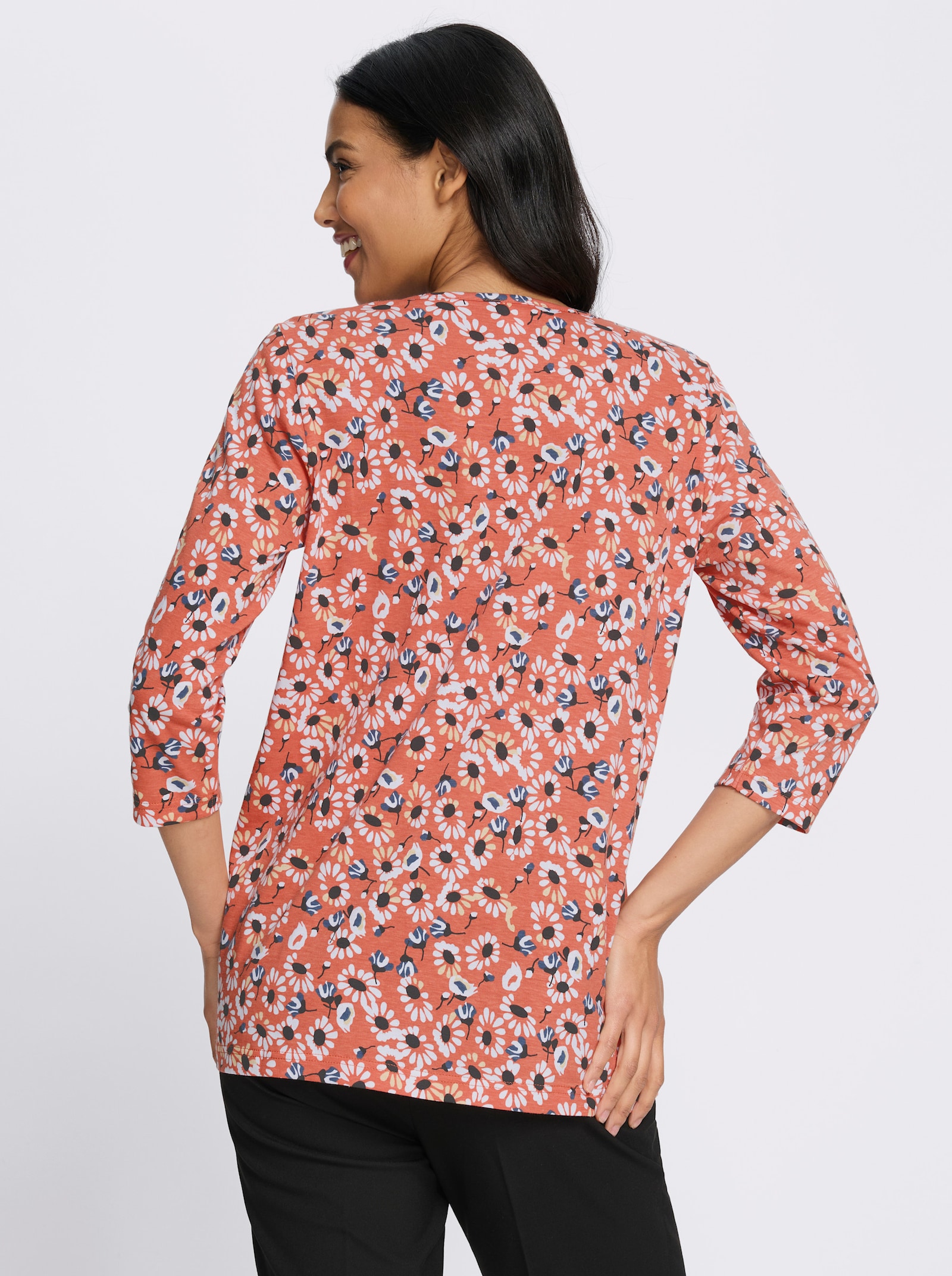 Longshirt im Blüten-Dessin - papaya-schwarz-bedruckt
