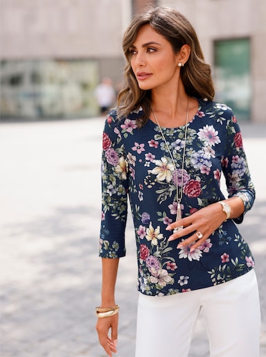 Rundhalsshirt - dunkelblau-orchidee-bedruckt