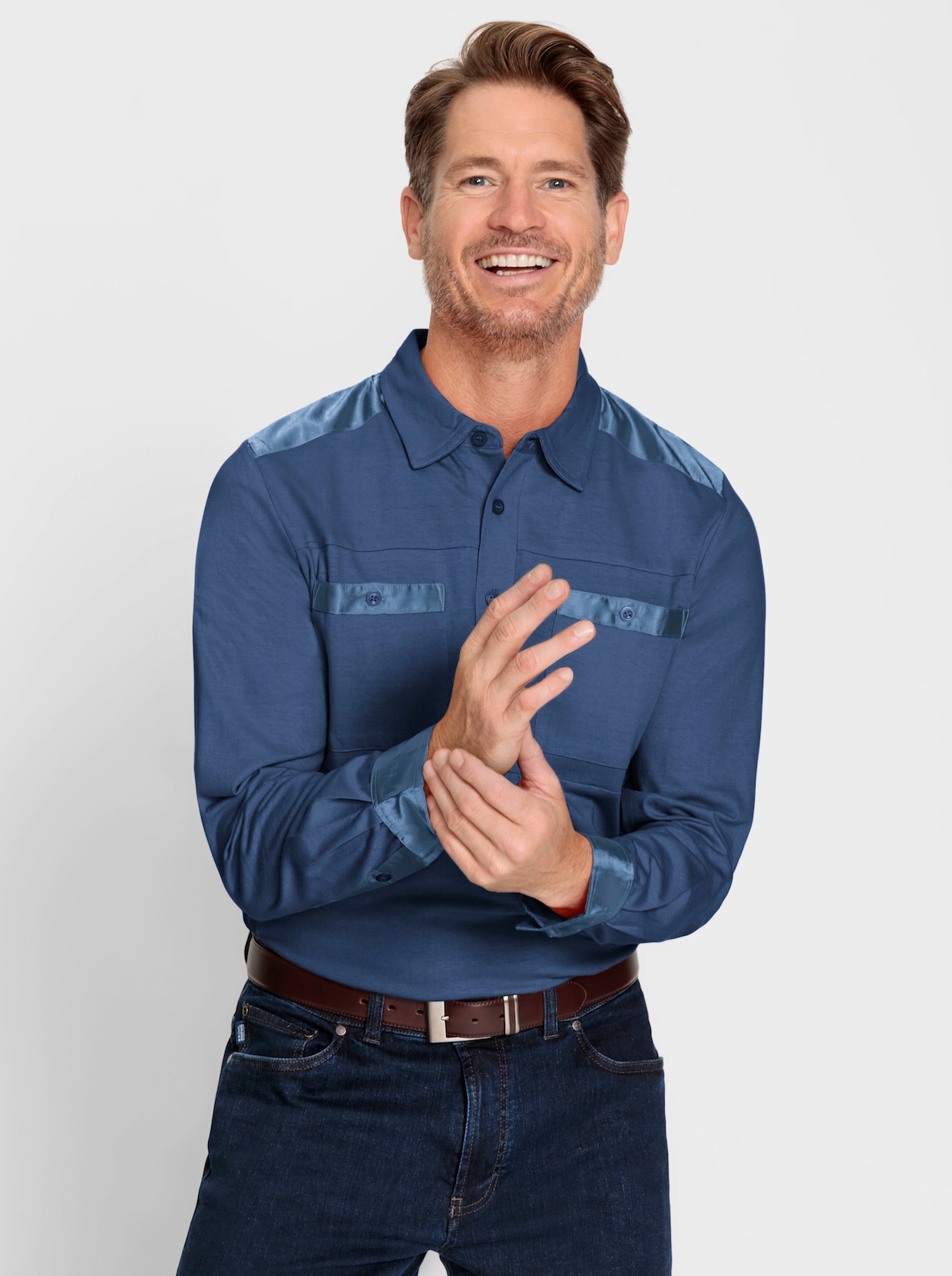 Marco Donati Poloshirt met lange mouwen - jeansblauw