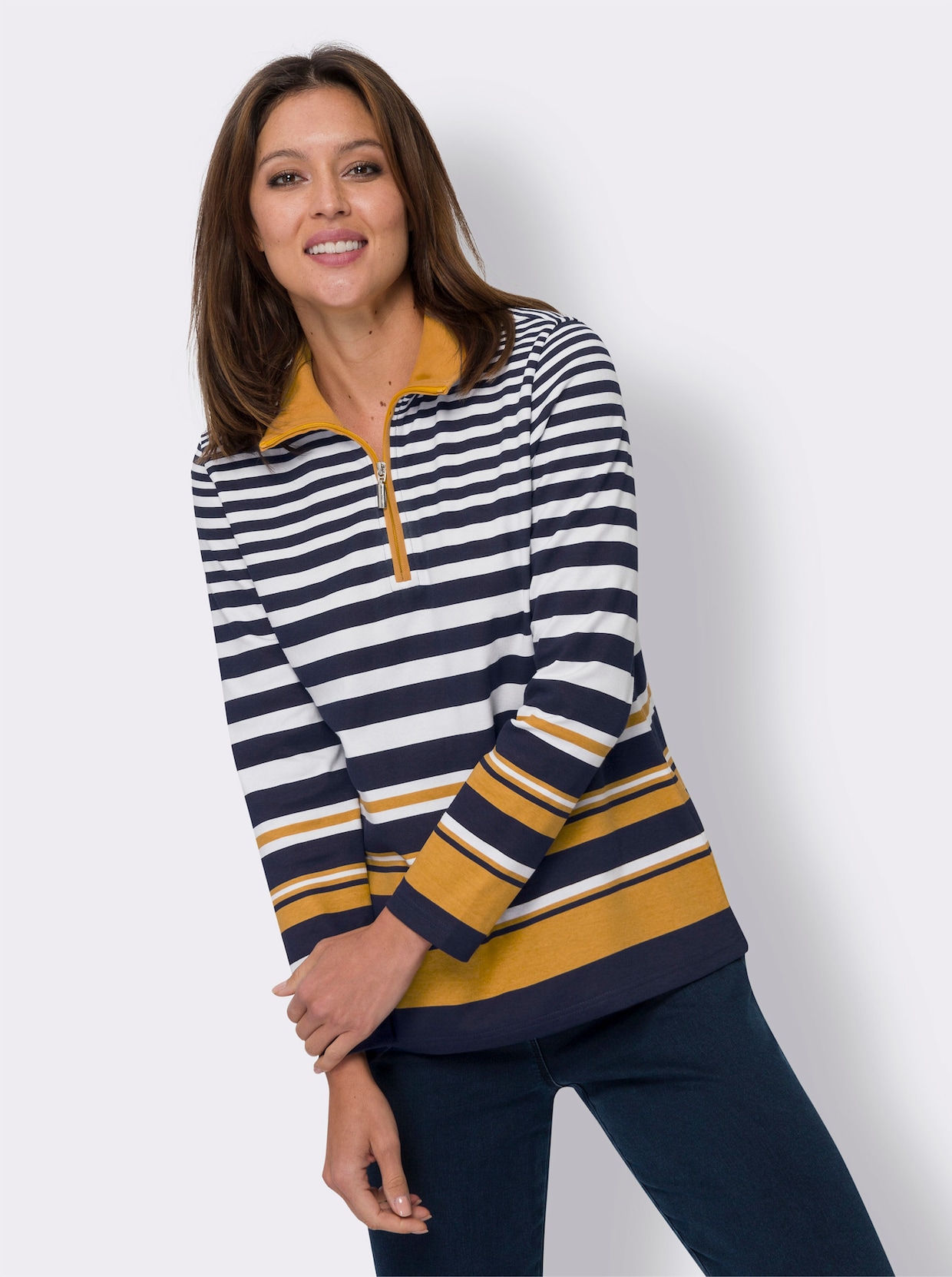 Sweatshirt - marine-ocker-gestreift