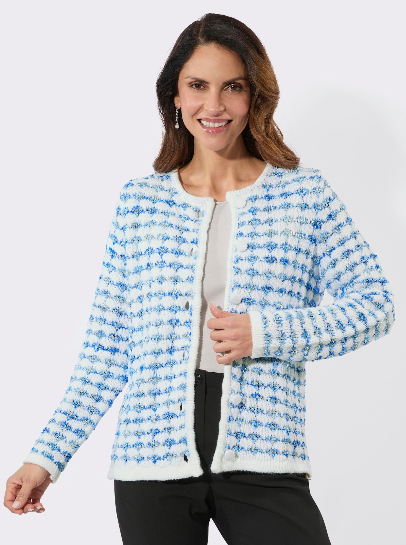 Cardigan aus Bouclé-Strick - ecru-rauchblau-meliert