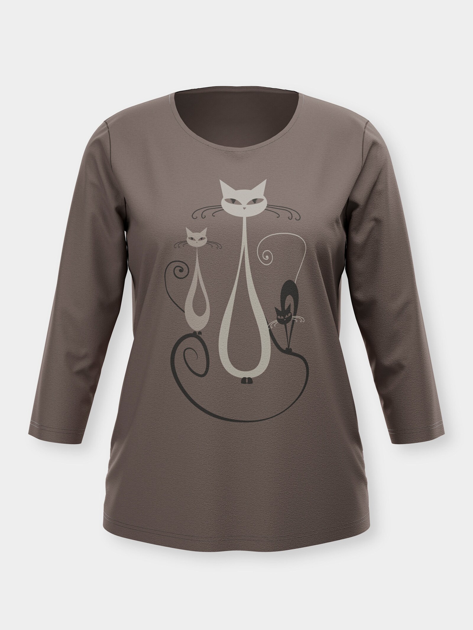 3/4-Arm-Shirt mit Katzen-Druck - dunkeltaupe-graphit-bedruckt