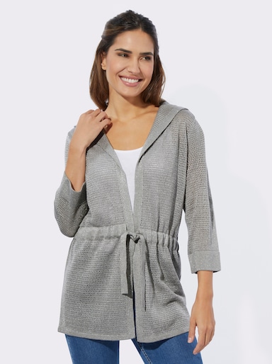 Ajourstrickjacke mit Glanzgarn - steingrau
