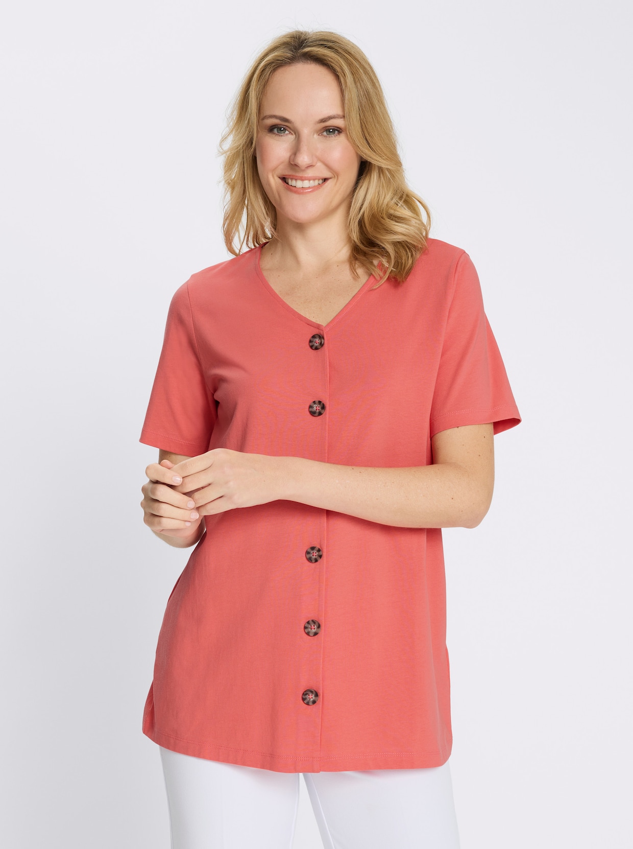 Longshirt mit Zierknopfleiste - koralle