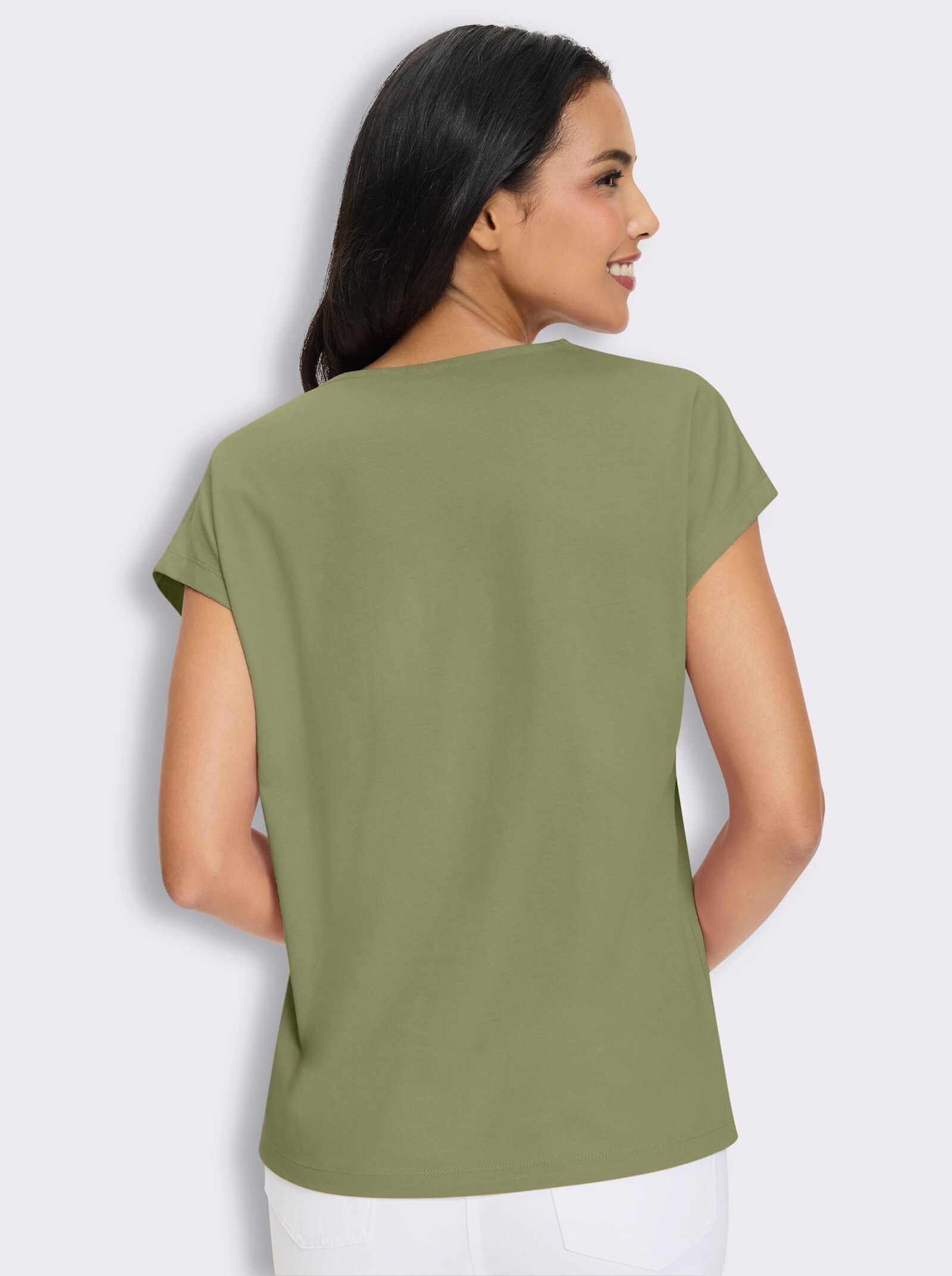 Kurzarmshirt mit Spitze am V-Ausschnitt - schilf