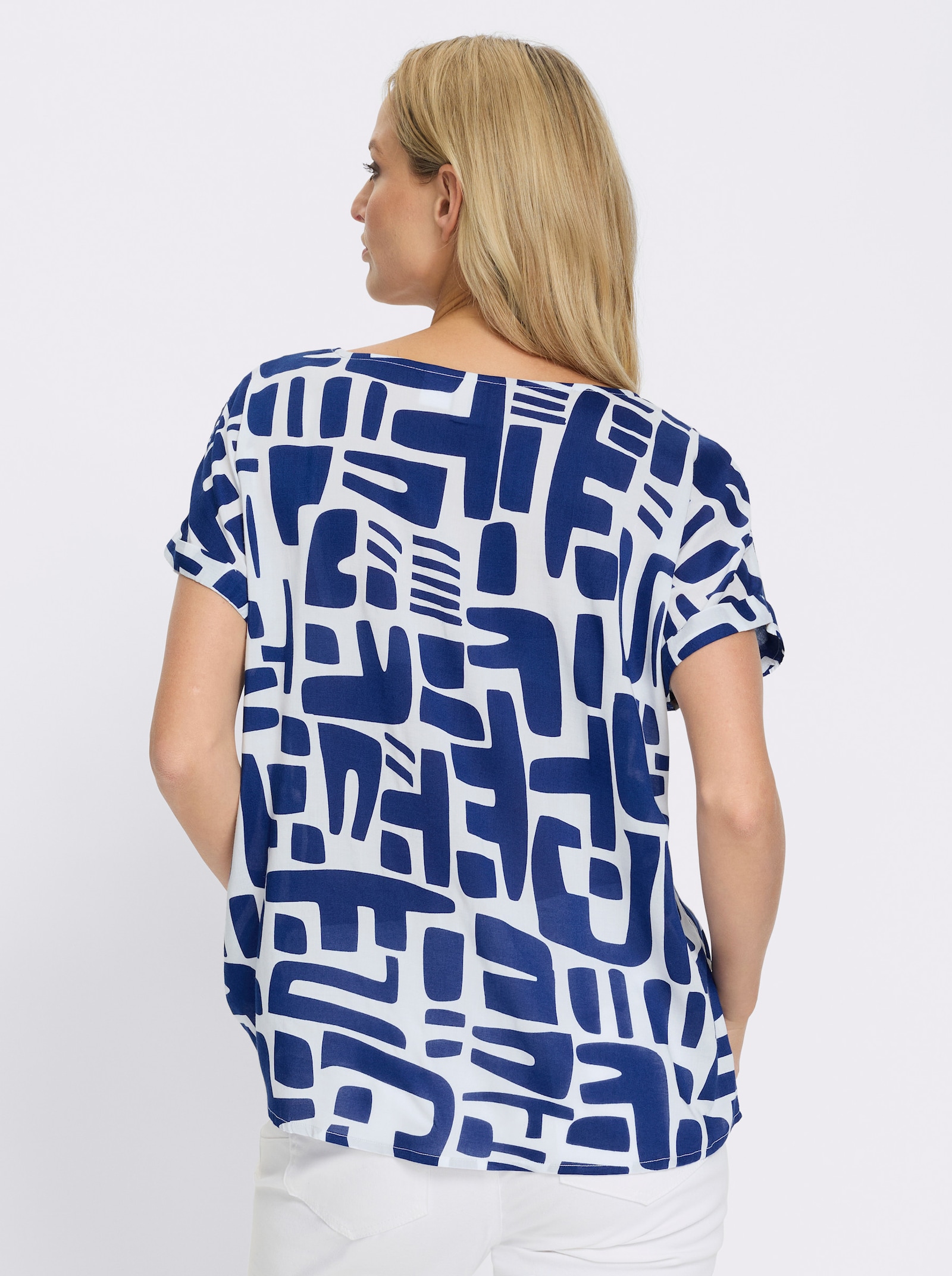 heine Kurzarmbluse mit - royalblau-ecru-bedruckt