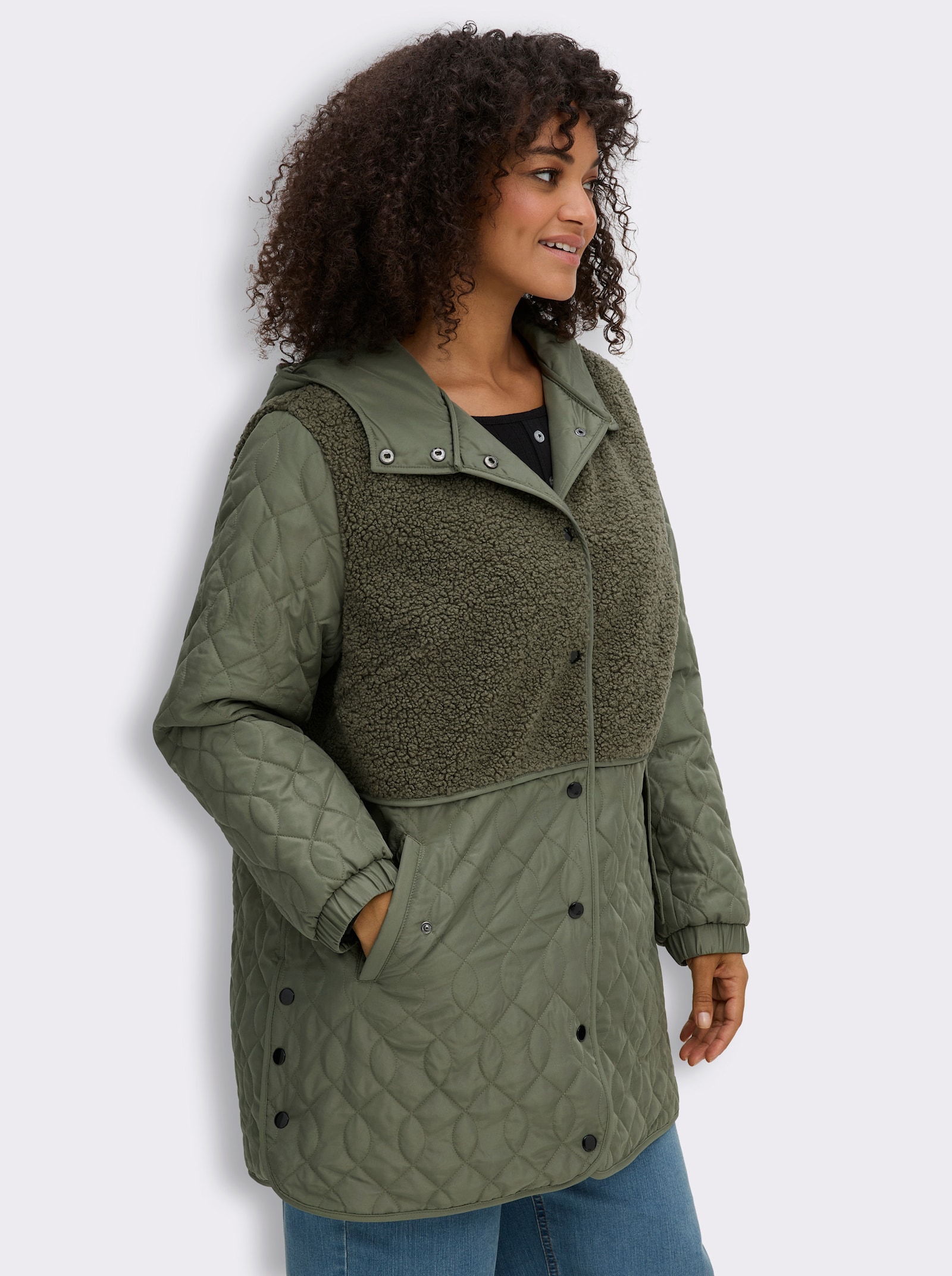 Steppjacke mit Teddy-Fleece - khaki
