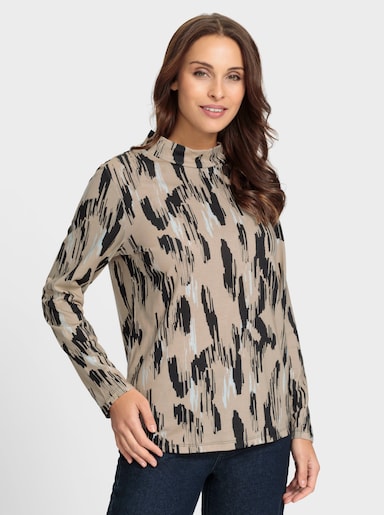 Stehkragenshirt im Baumwoll-Modal-Mix - beige-schwarz-gemustert