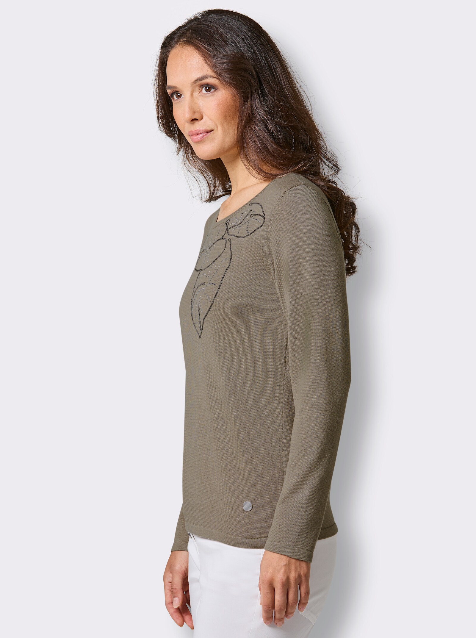CREATION L PREMIUM Rundhalspullover mit Metallkettchen-Applikation - schlamm