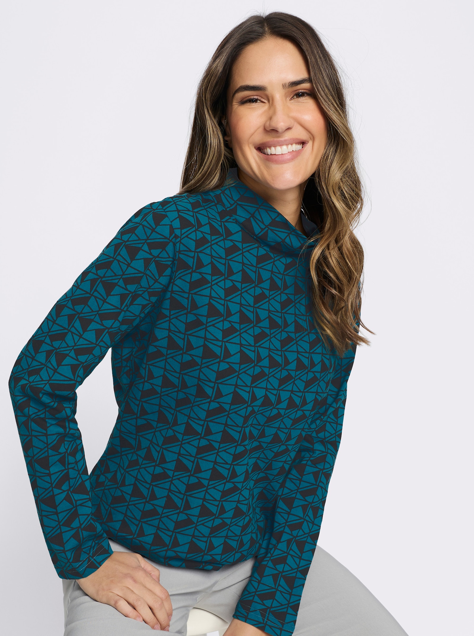 Stehkragenshirt im grafischen Minimal-Dessin - aquapetrol-schwarz-bedruckt