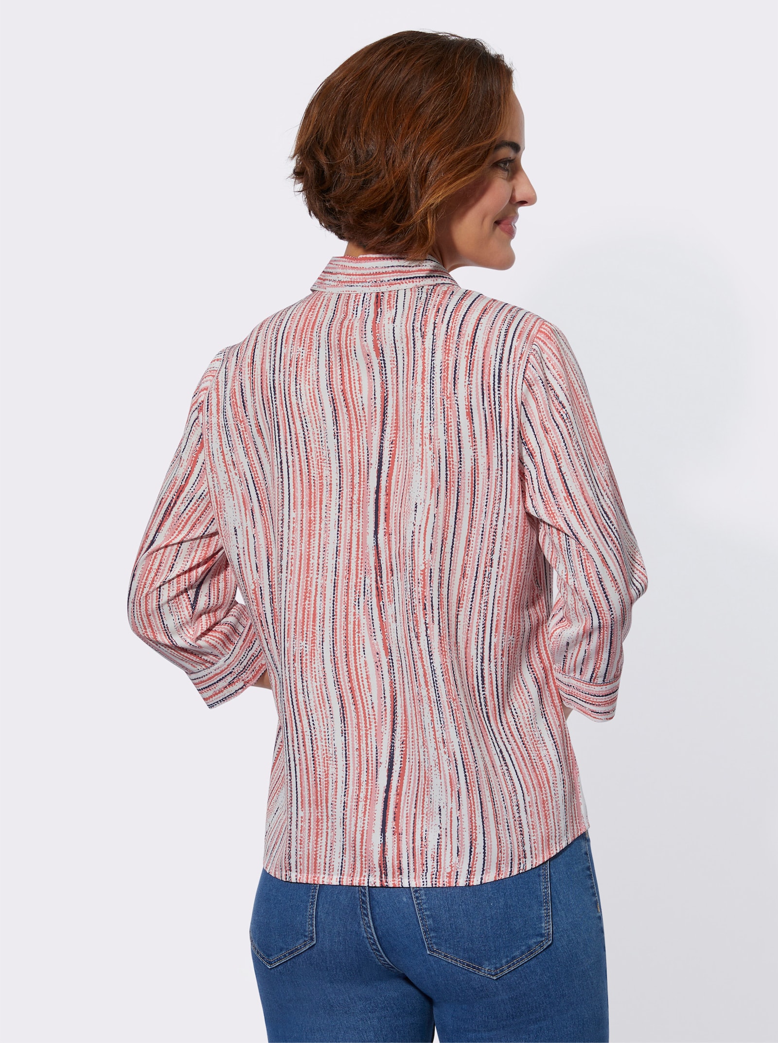 Gestreifte Bluse mit abgerundetem Saum - flamingo-ecru-bedruckt