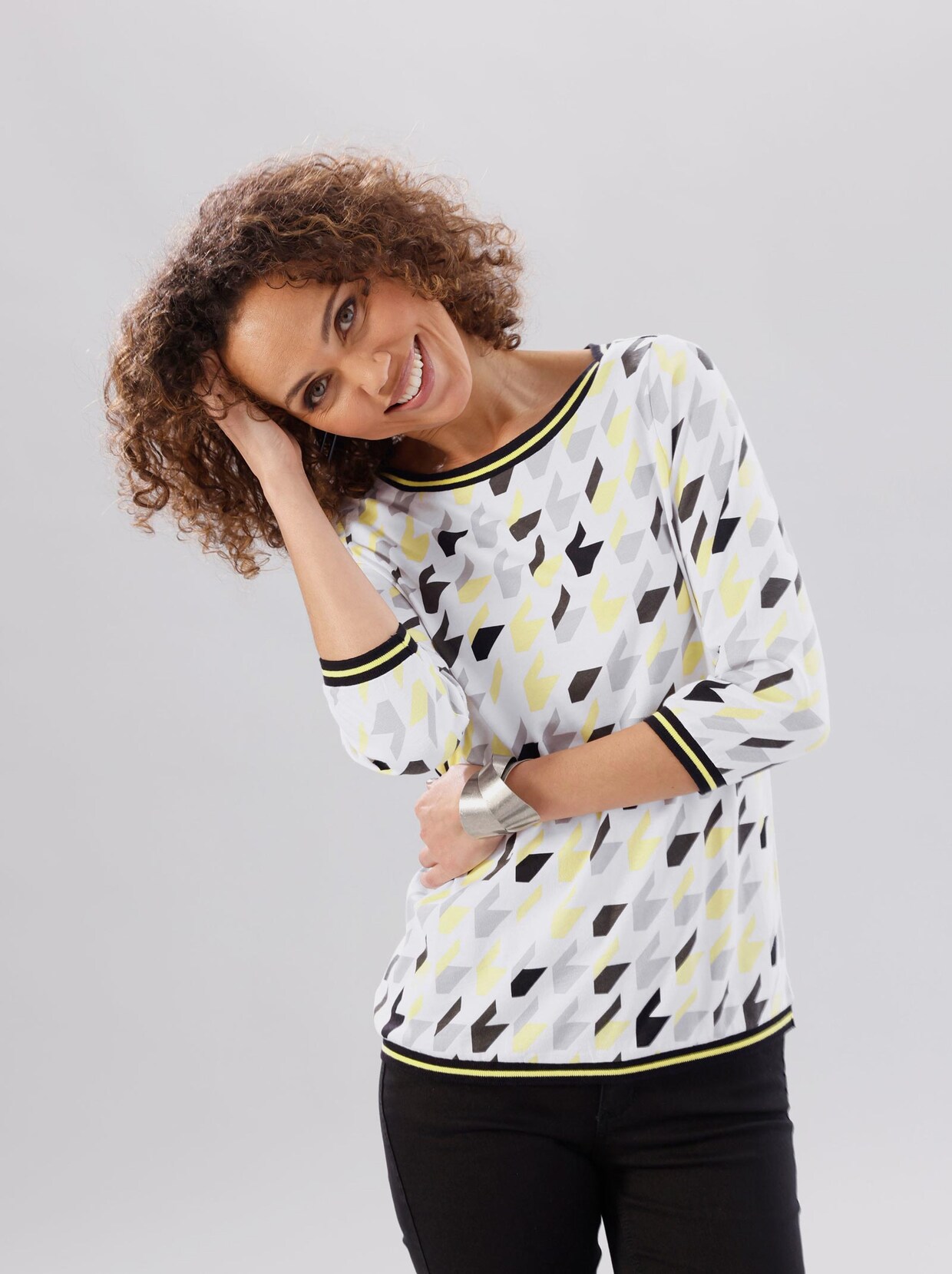 3/4-Arm-Shirt - weiß-grau-bedruckt