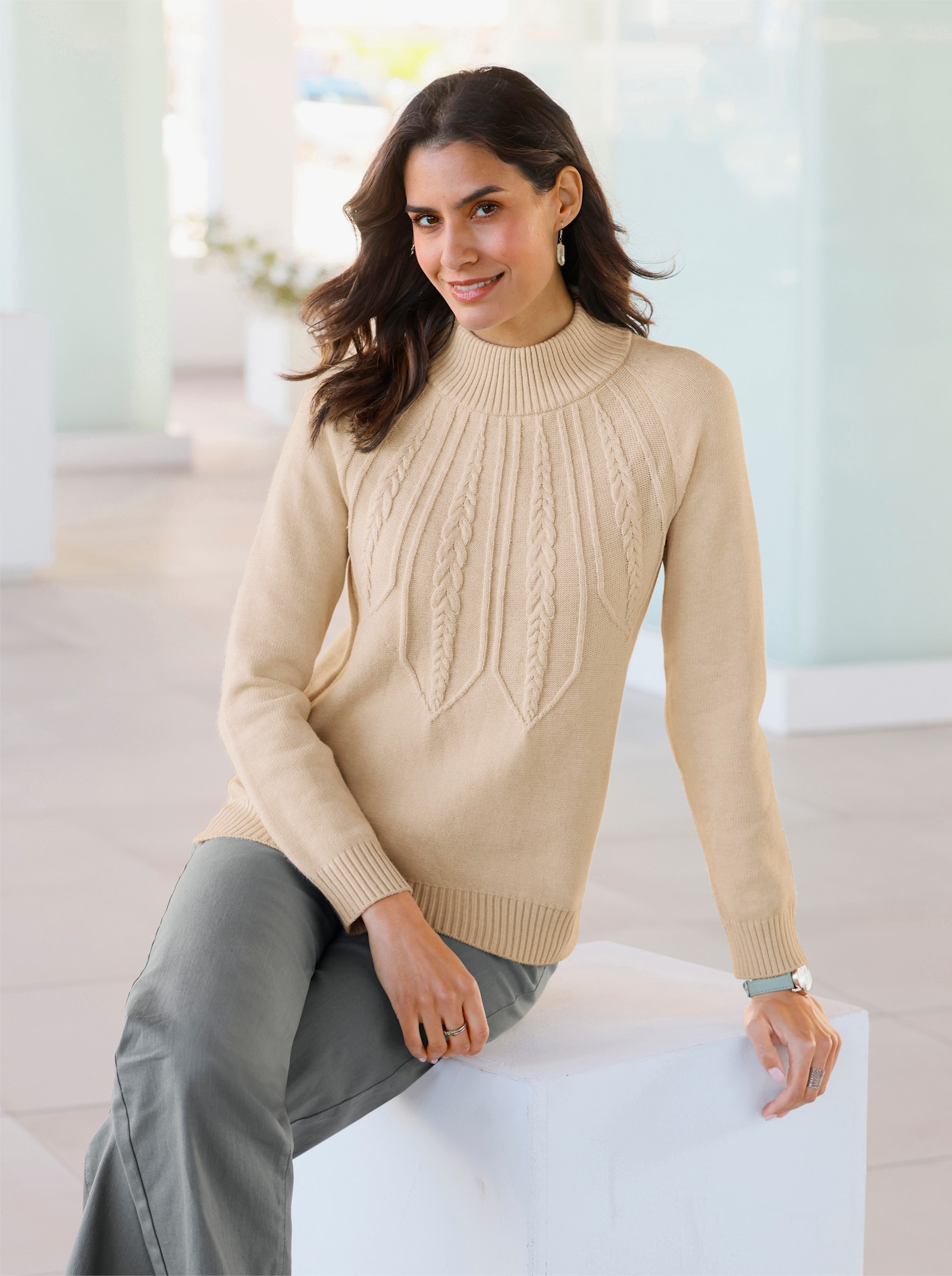 Langarm-Pullover mit Zopfmuster - elfenbein-meliert