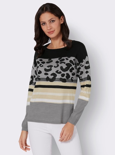 Rundhalspullover im Animal-Print, weich - schwarz-ecru-gemustert