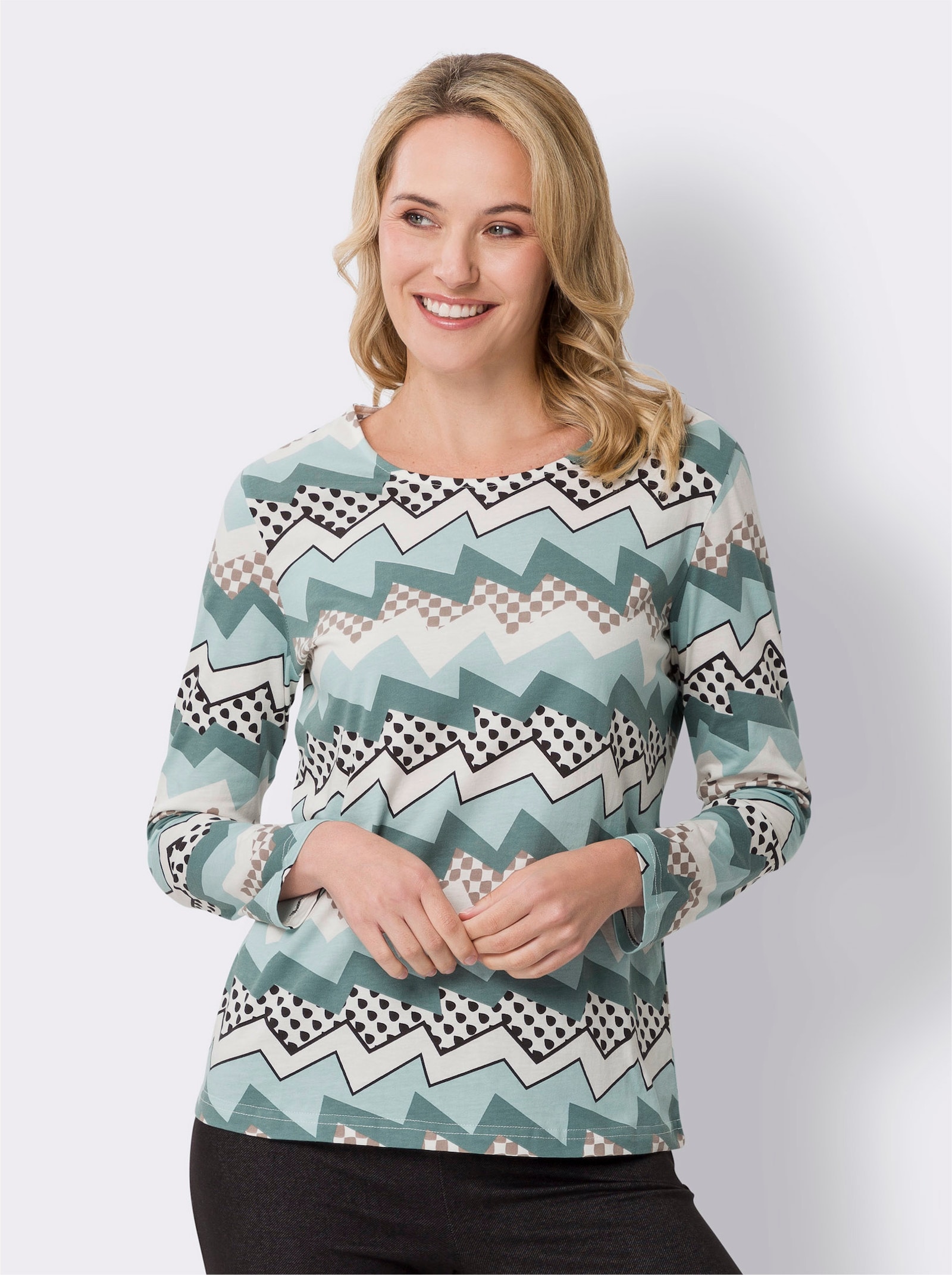 Rundhalsshirt im Zickzack-Dessin - kalkmint-jade-bedruckt