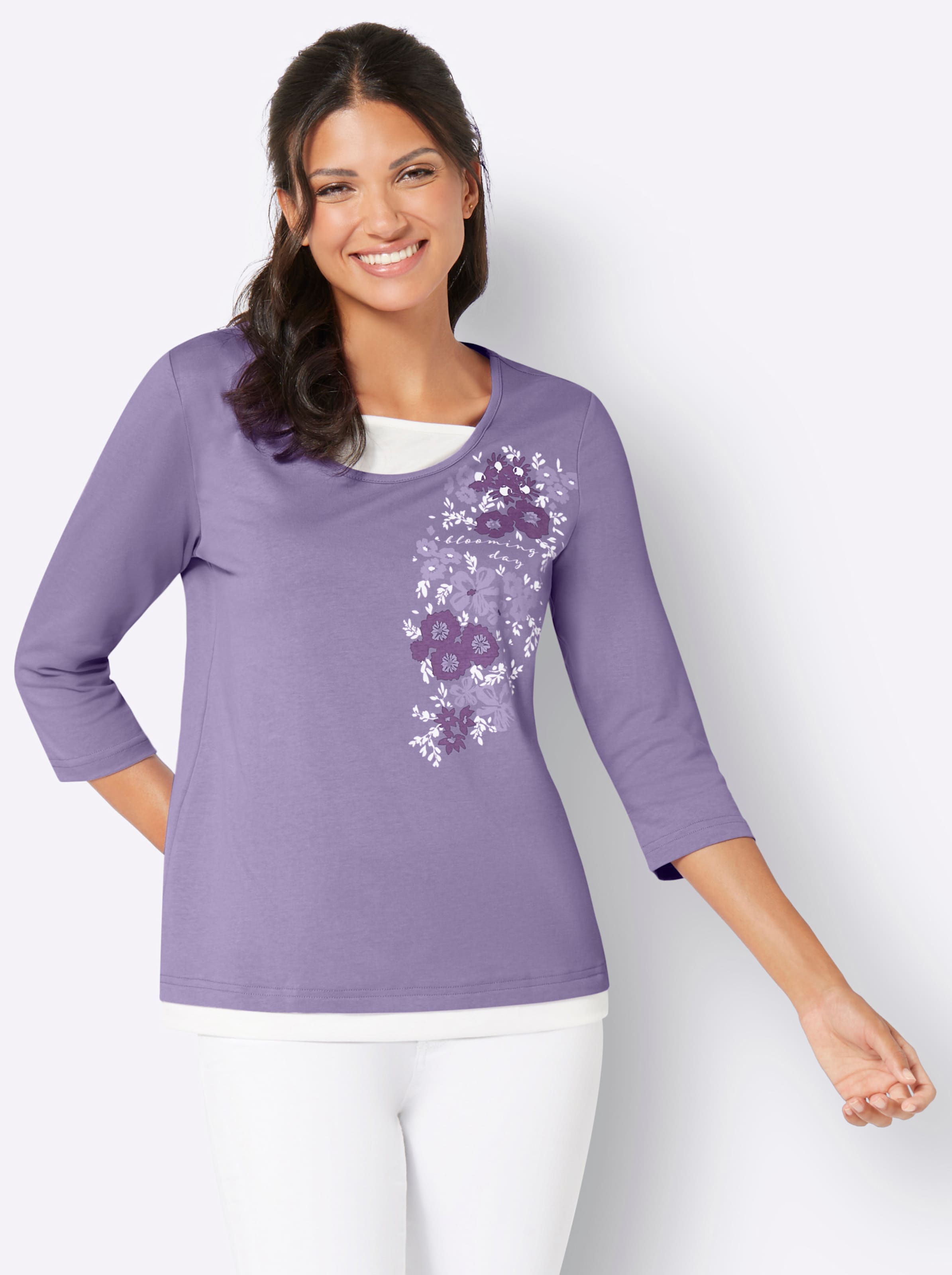 Witt Damen 2-in-1-Shirt mit Blüten-Motiv, lavendel-ecru