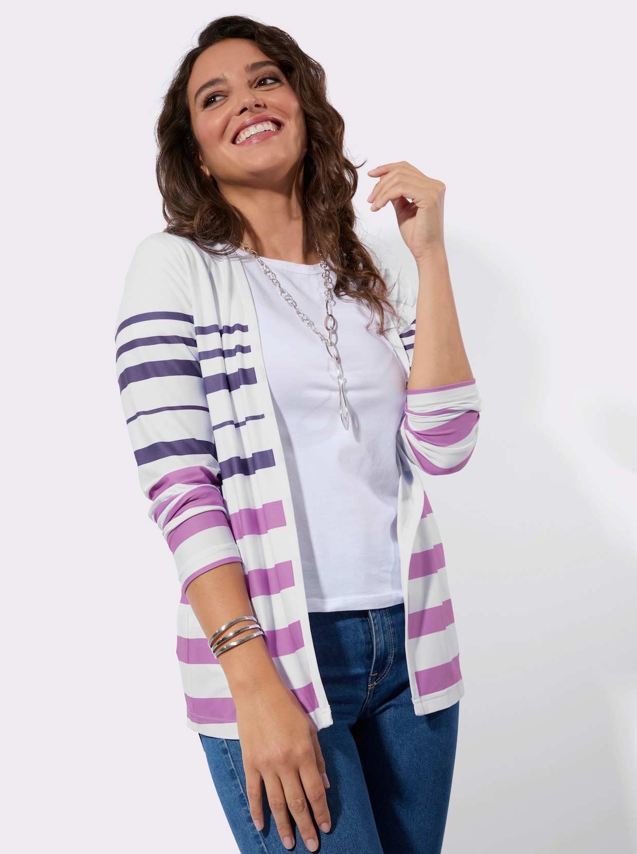 Shirtjacke - orchidee-weiß-geringelt