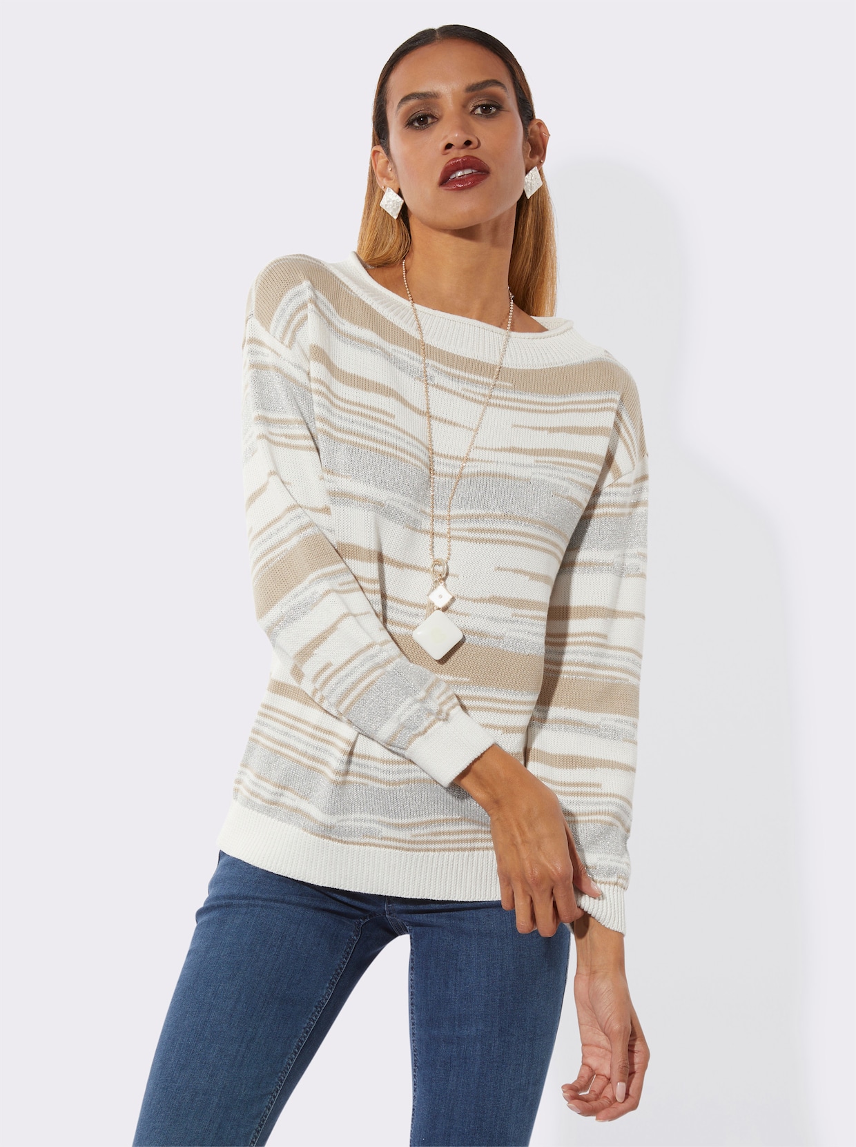 Jacquardpullover mit Glanzgarn - sand-ecru-gemustert