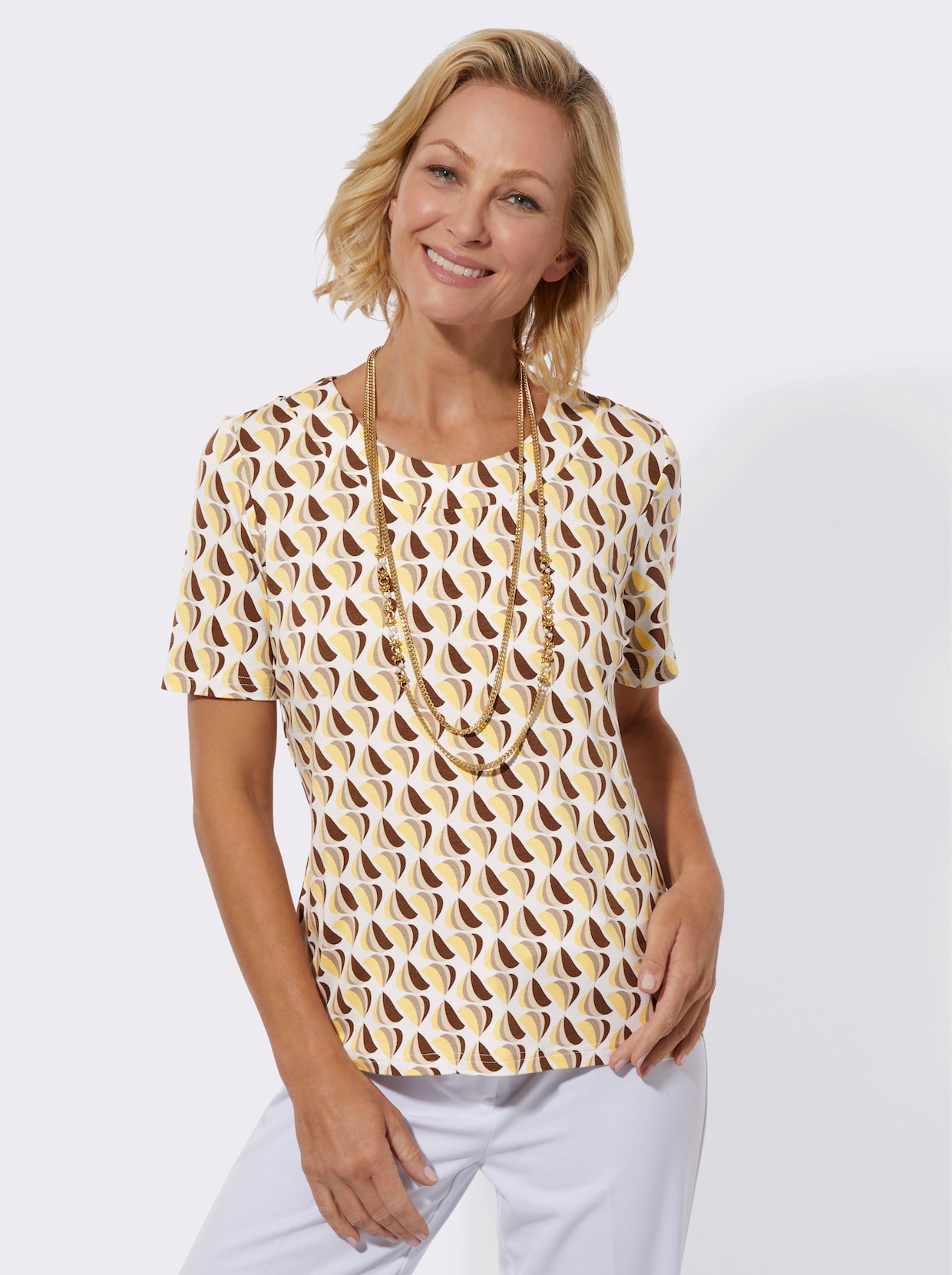 Rundhalsshirt - zitrone-braun-bedruckt