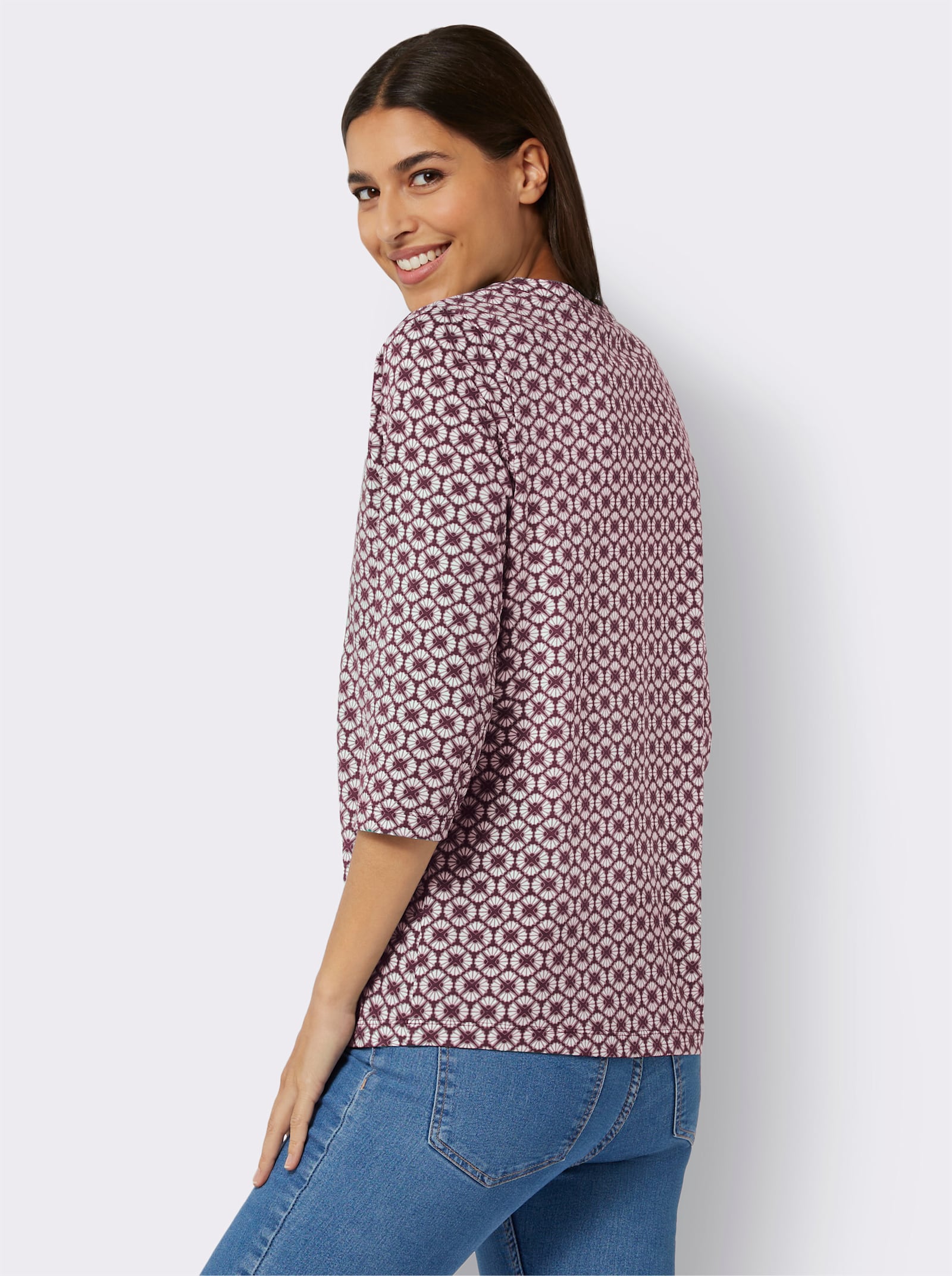 3/4-Arm-Shirt aus reiner Baumwolle, bedruckt - aubergine-violett-bedruckt