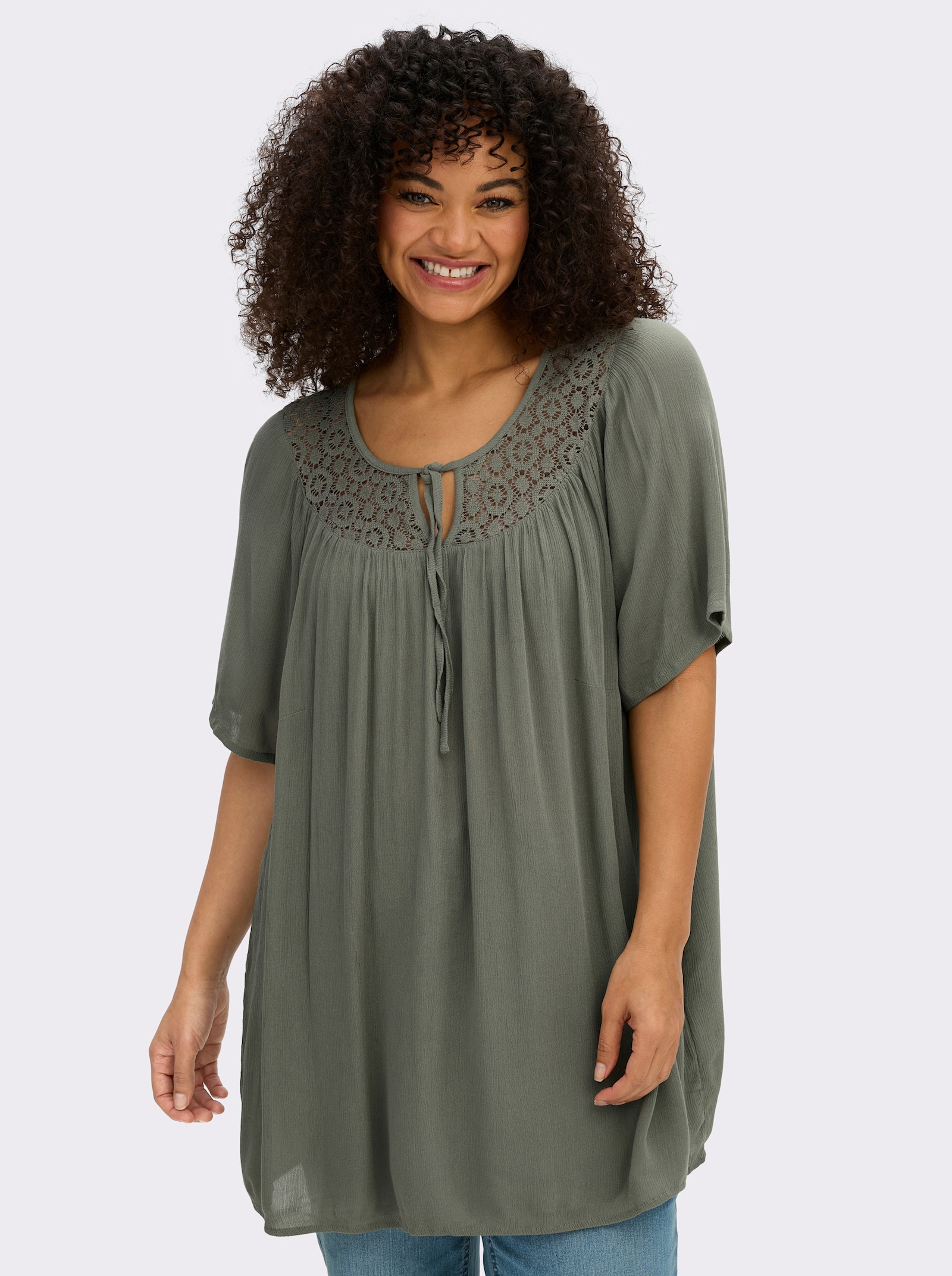 Tunika mit Spitzen-Einsatz - khaki