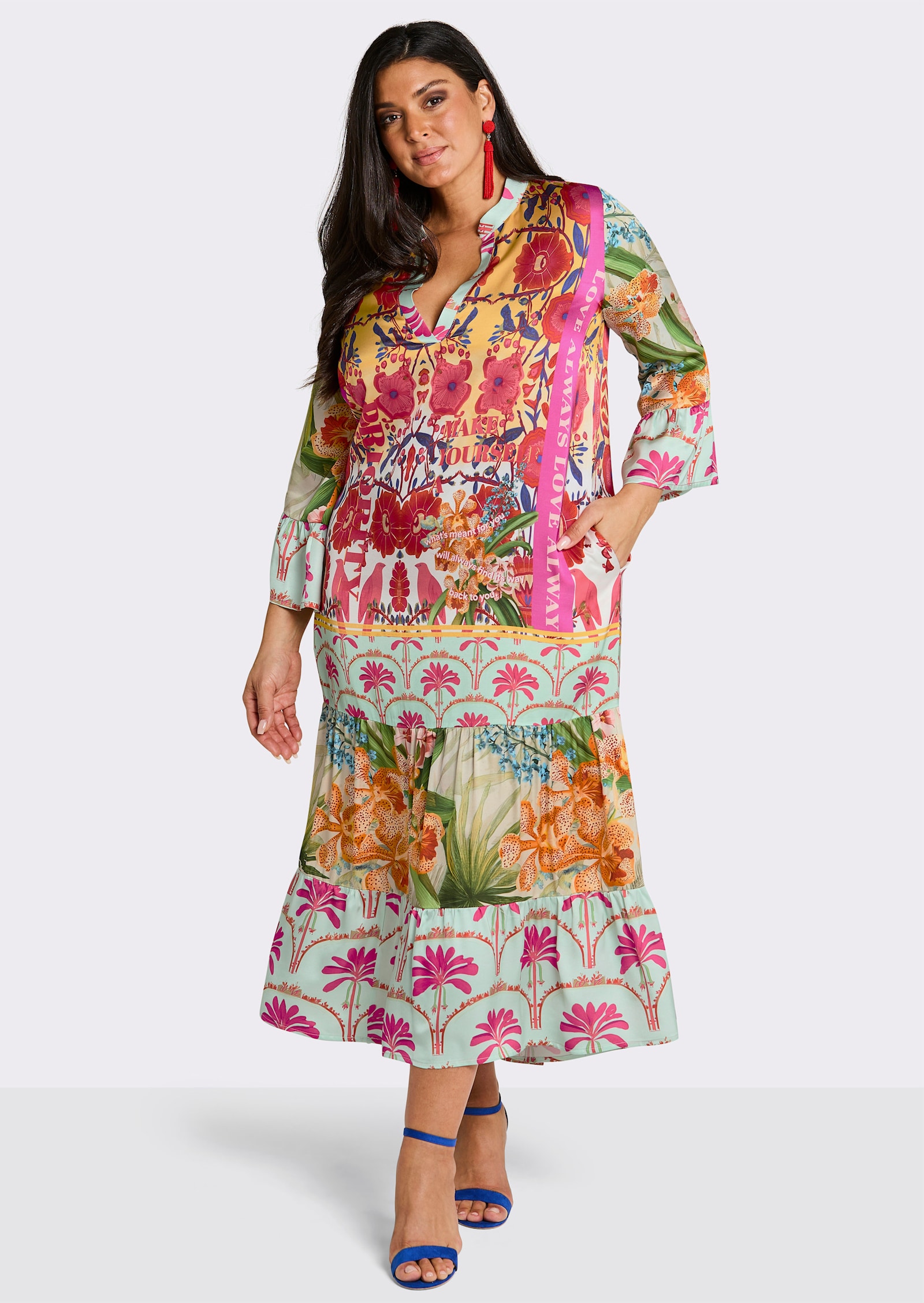 sheego loves miss goodlife Robe longue à volants - menthe-fuchsia imprimé