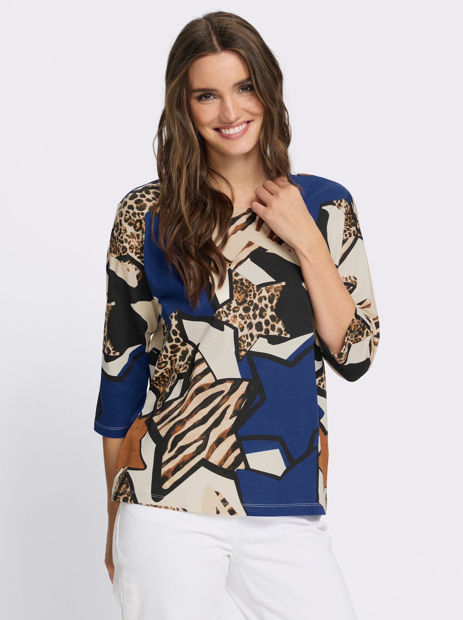 3/4-Arm-Shirt aus reiner Baumwolle - royalblau-champagner-bedruckt