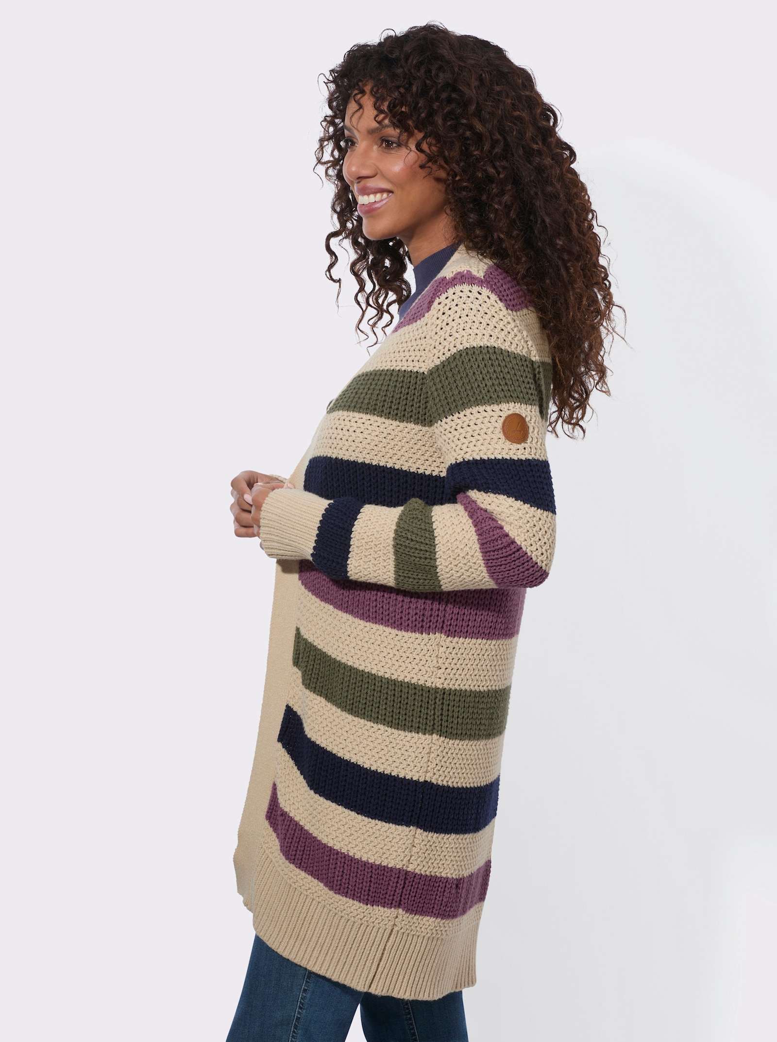 Strickjacke in verschlussloser Form - sand-khaki-geringelt
