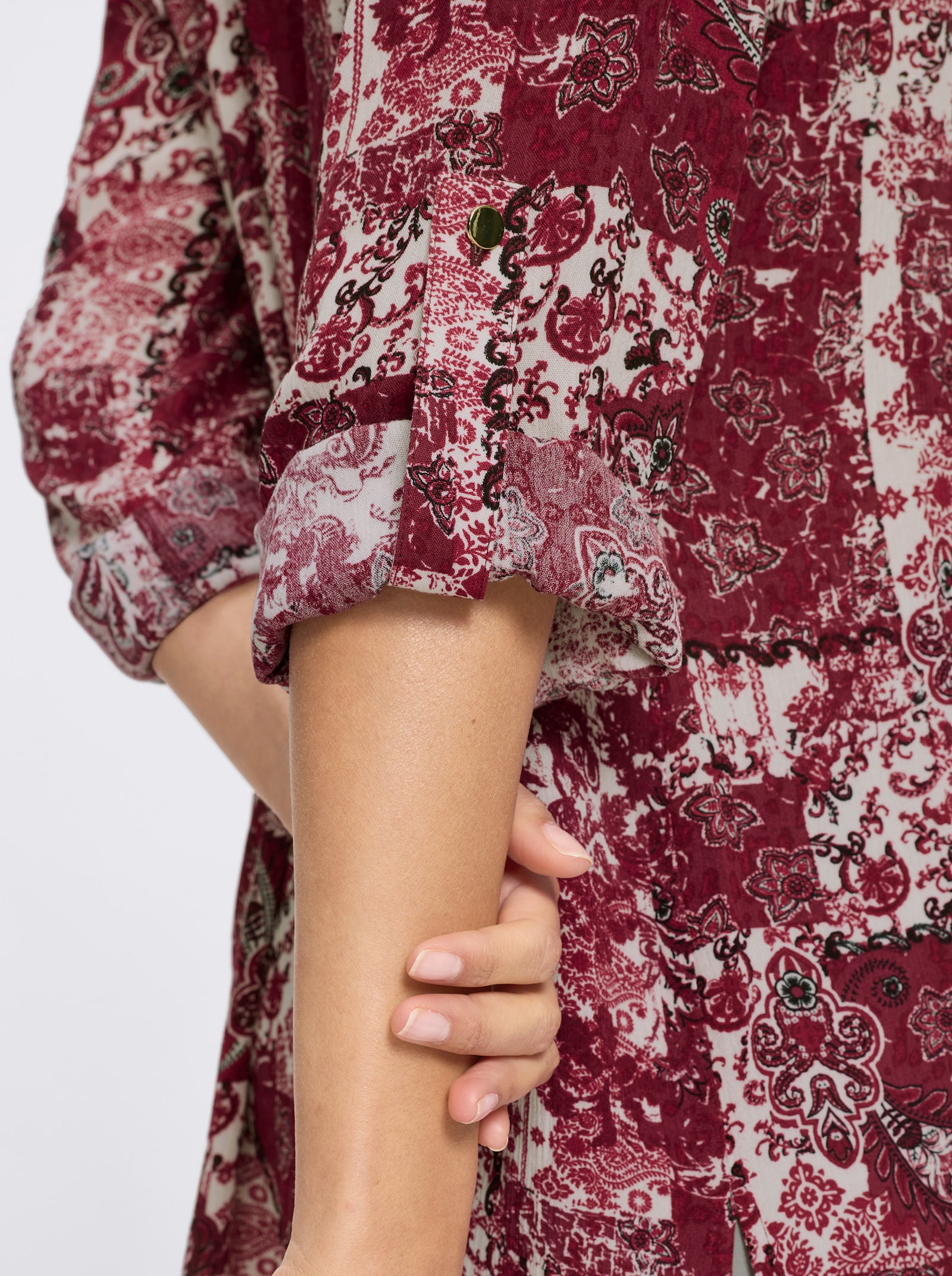 Longbluse - champagner-dunkelrot-bedruckt