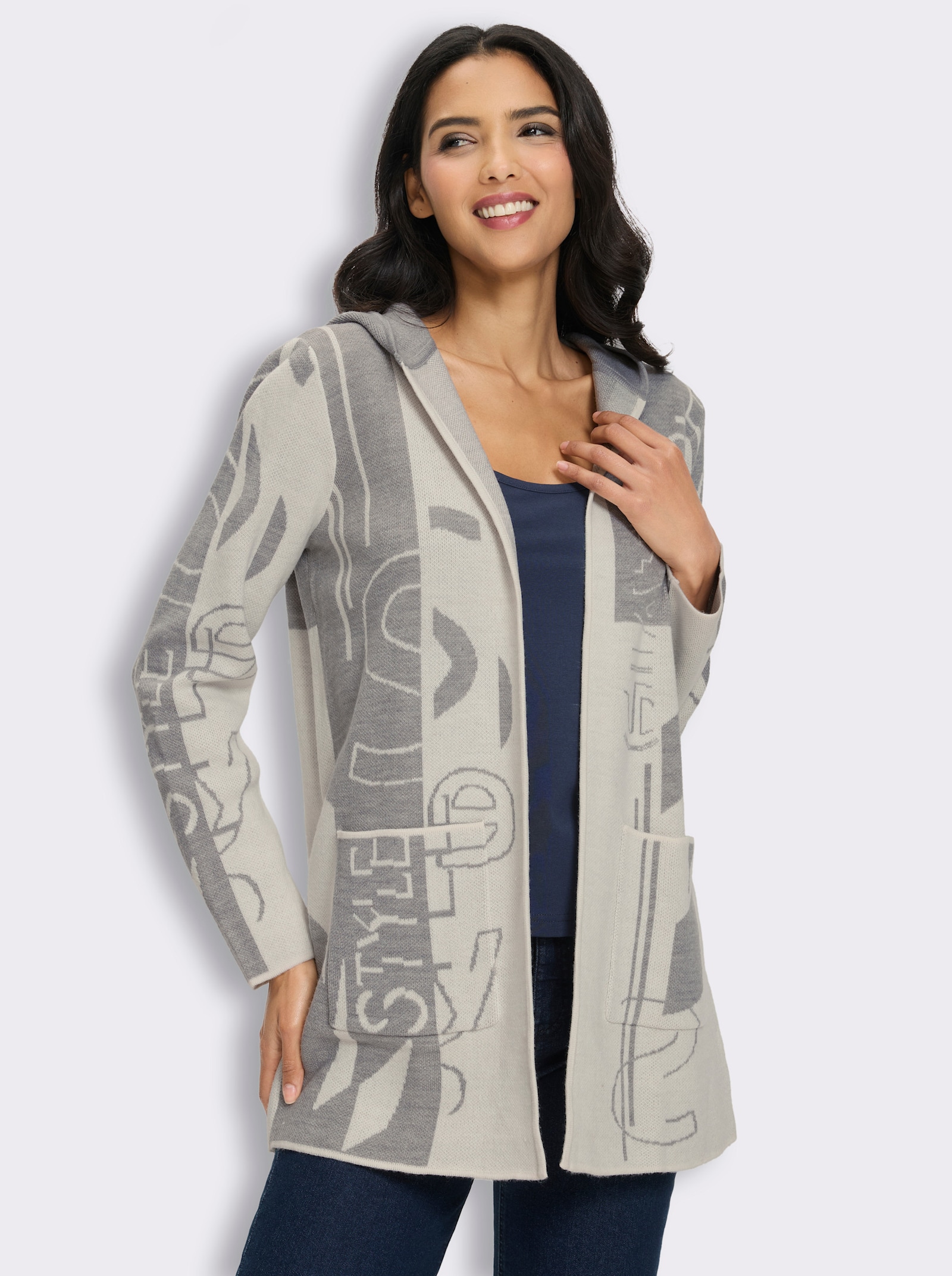 Longstrickjacke im Jacquard-Dessin - ecru-hellgrau-gemustert