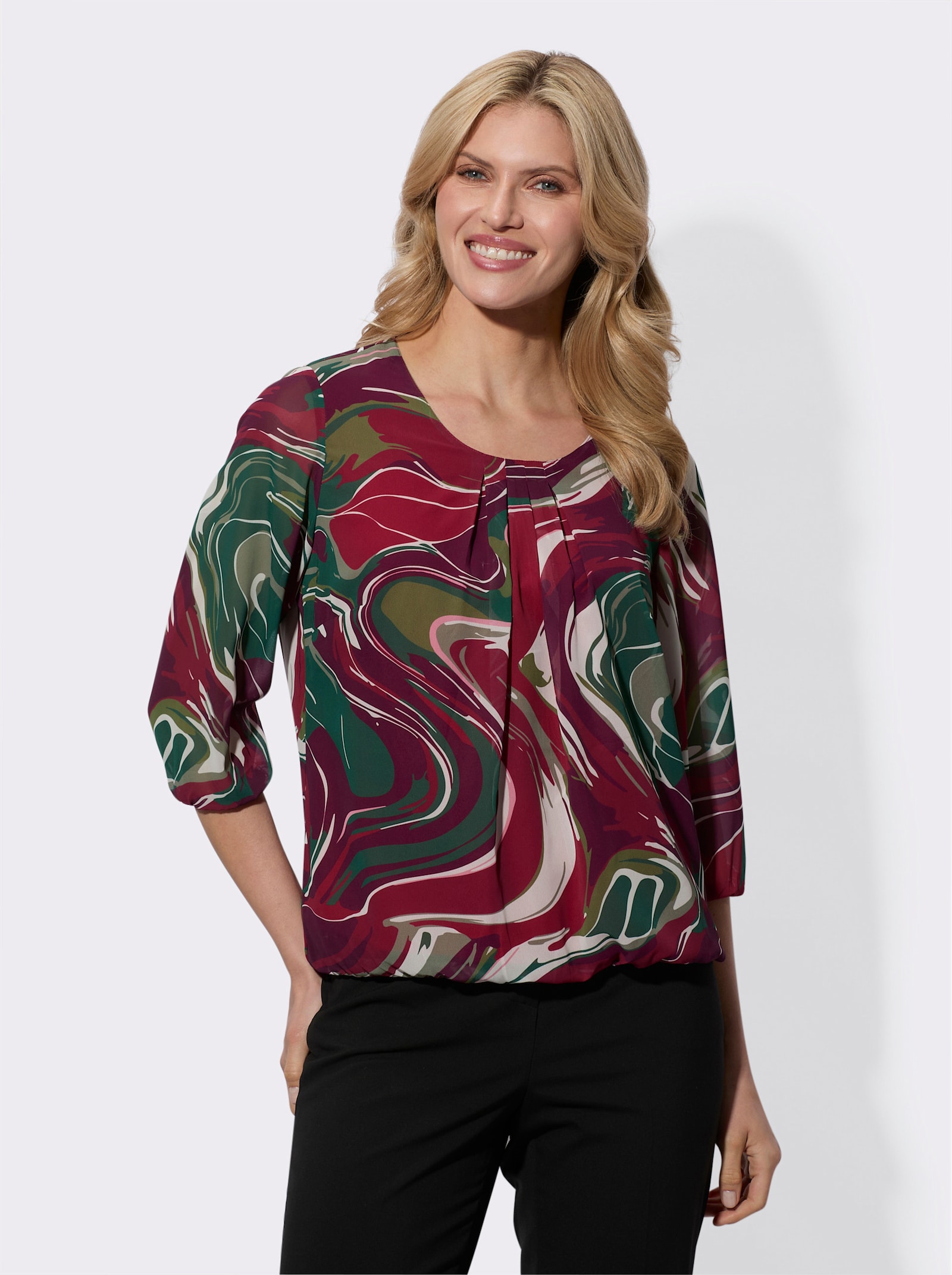 Schlupfbluse in Georgette-Qualität - champagner-burgund-bedruckt