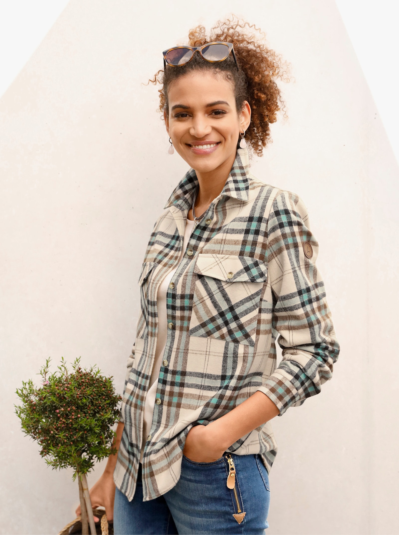 Flanellbluse mit mehrfarbigem Webkaro - jade-elfenbein-kariert